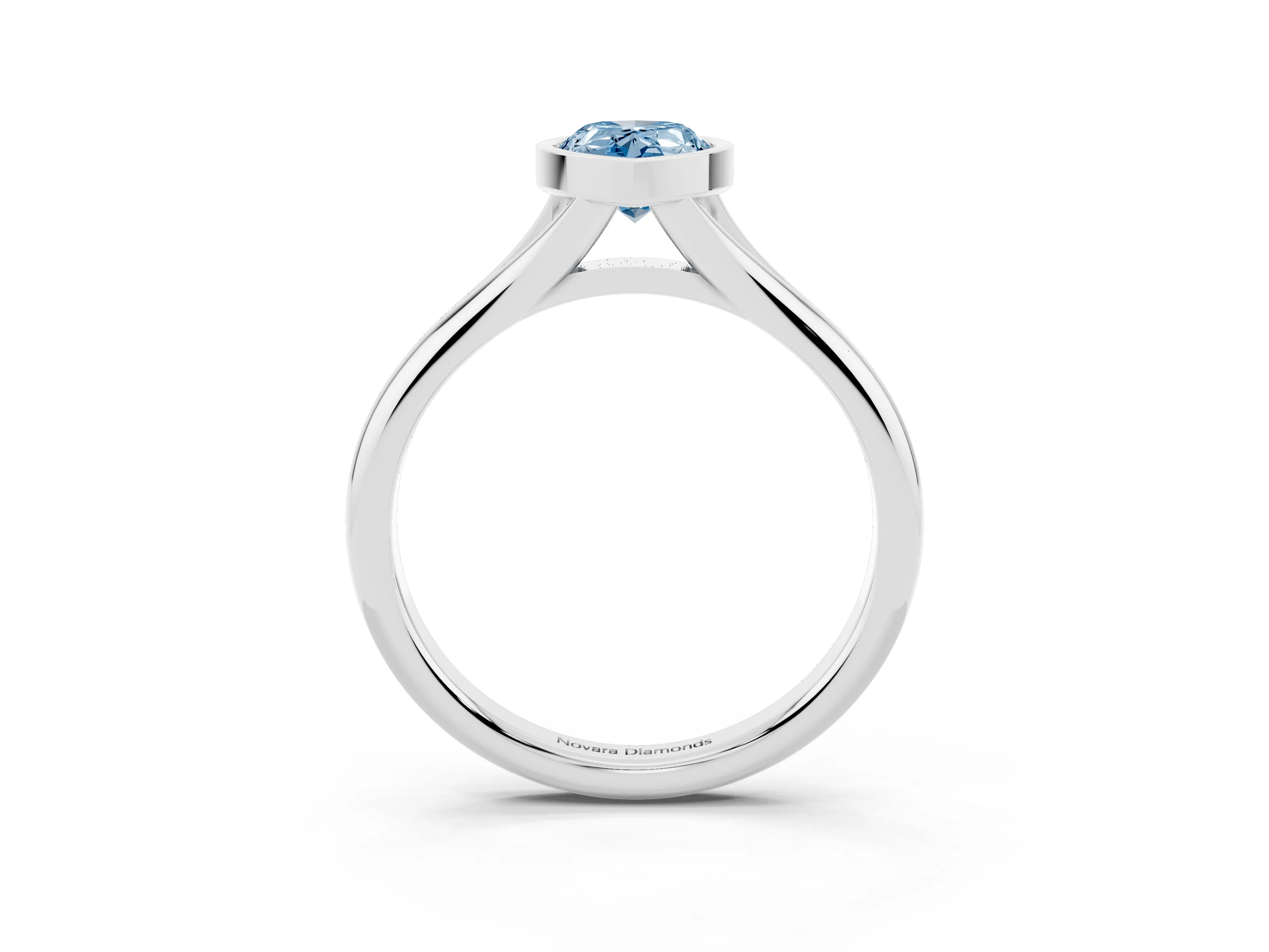 Fancy Blue Bezel Set Pear Cut Diamond Solitaire Ring Set in Platinum with Smooth Band