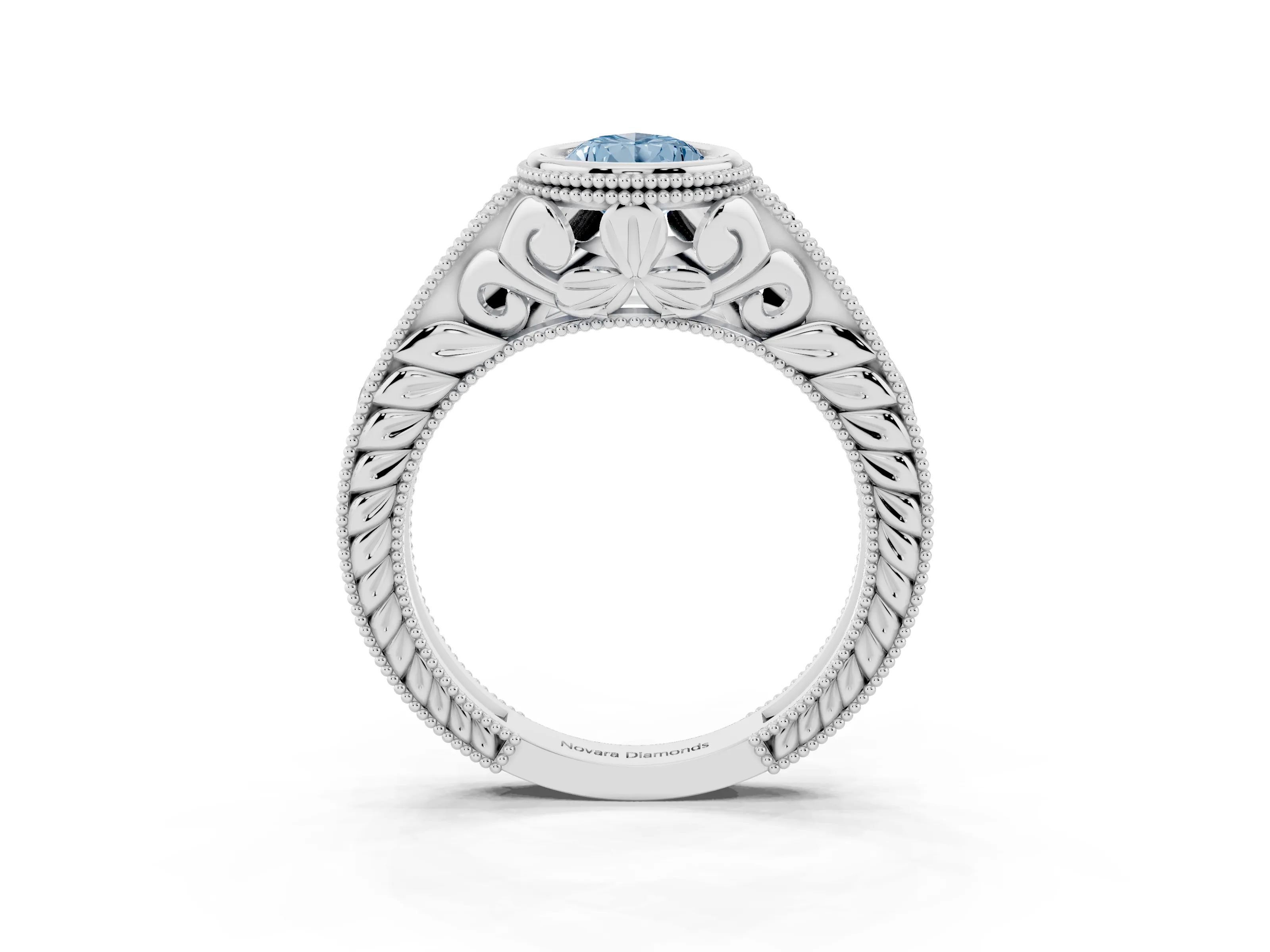 Fancy Blue Bezel Set Pear Cut Diamond Milgrain Pavé Engagement Ring Set in Silver