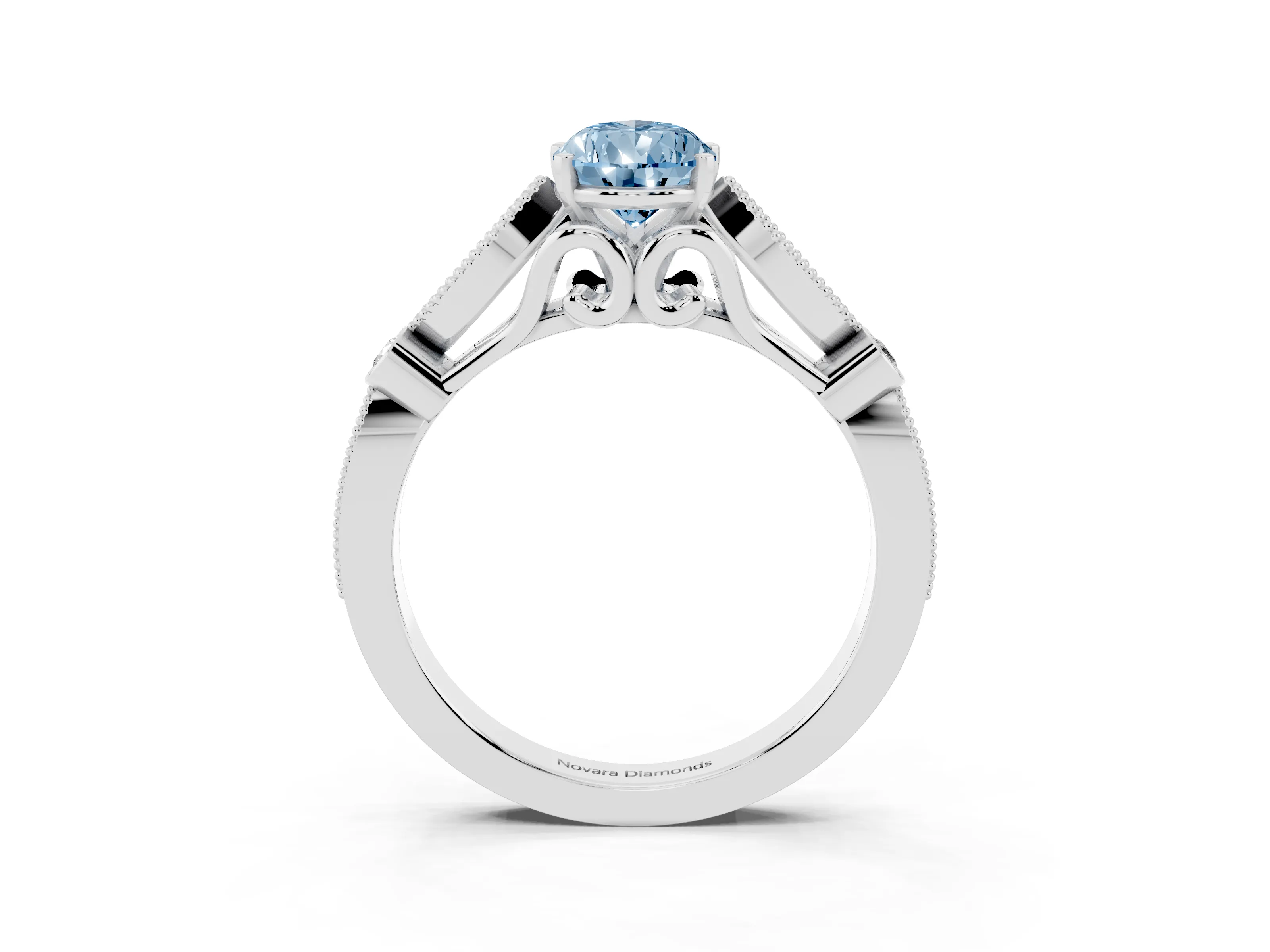 Fancy Blue Pear Cut Diamond Solitaire Ring Set in White gold with Milgrain Marquise and Bezel Accents
