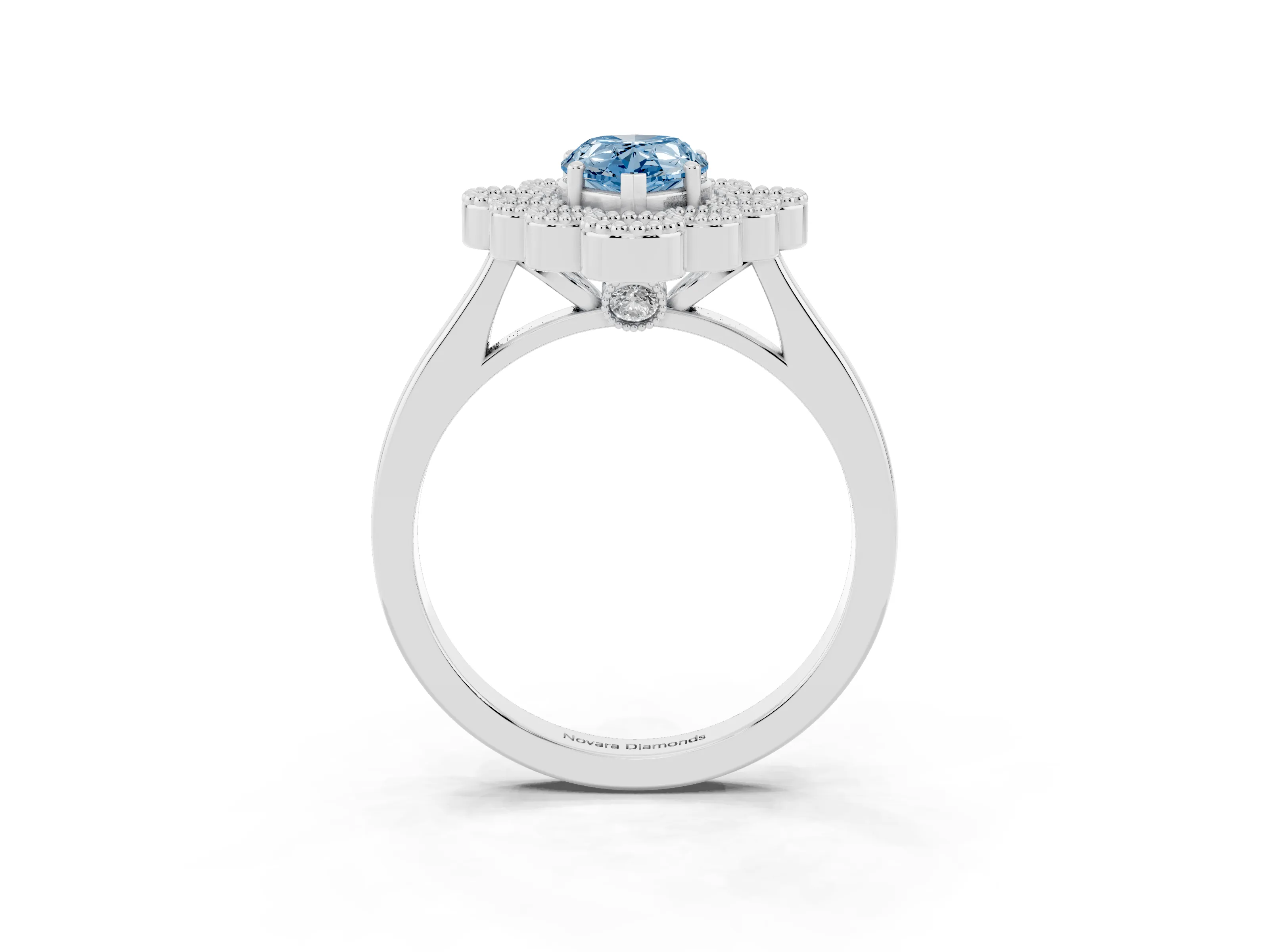 Fancy Blue Pear Cut Diamond Cluster Halo Ring Set in White gold with Milgrain Bezel Accents and Plain Band