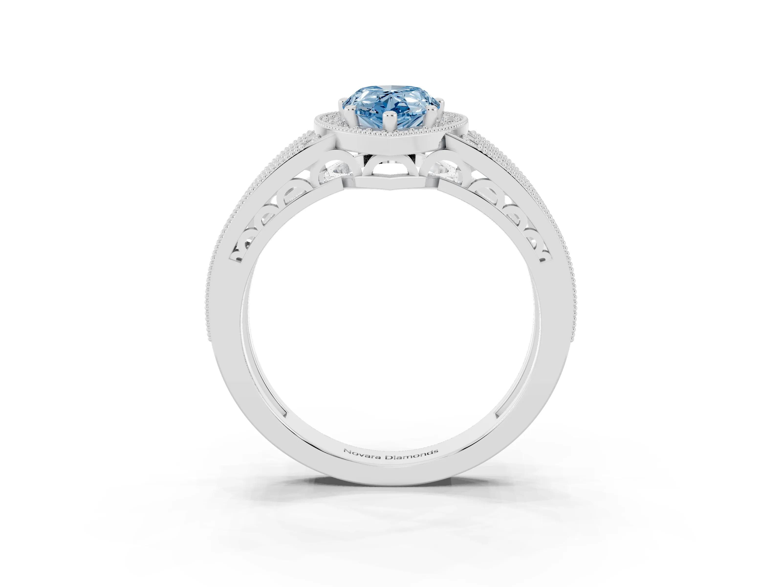 Fancy Blue Pear Cut Diamond Halo Ring Set in Platinum with Accent Split Shank and Prong Setting