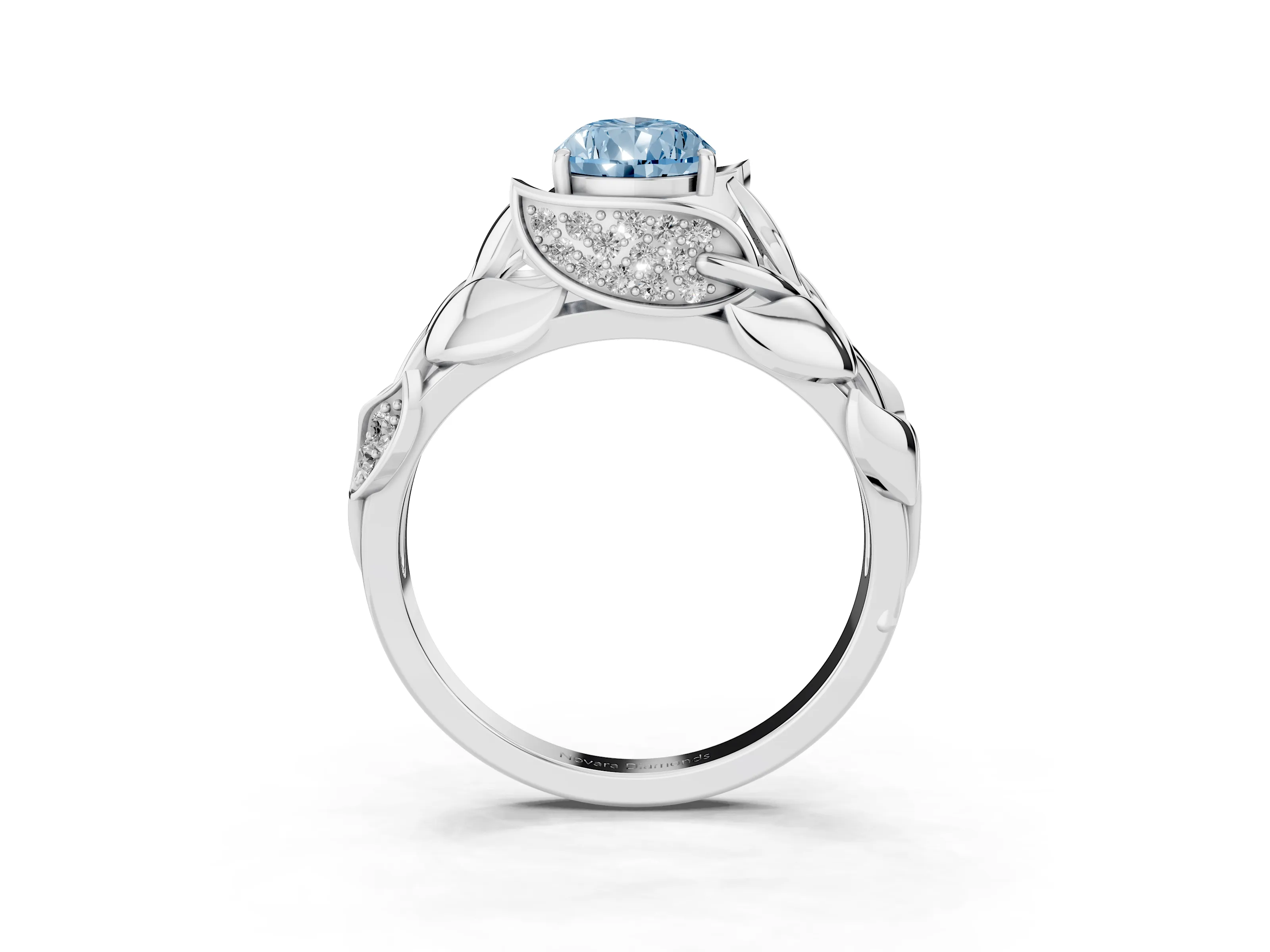 Fancy Blue Pear Cut Diamond Leaf-Inspired Engagement Ring Set in Silver with Round Accents