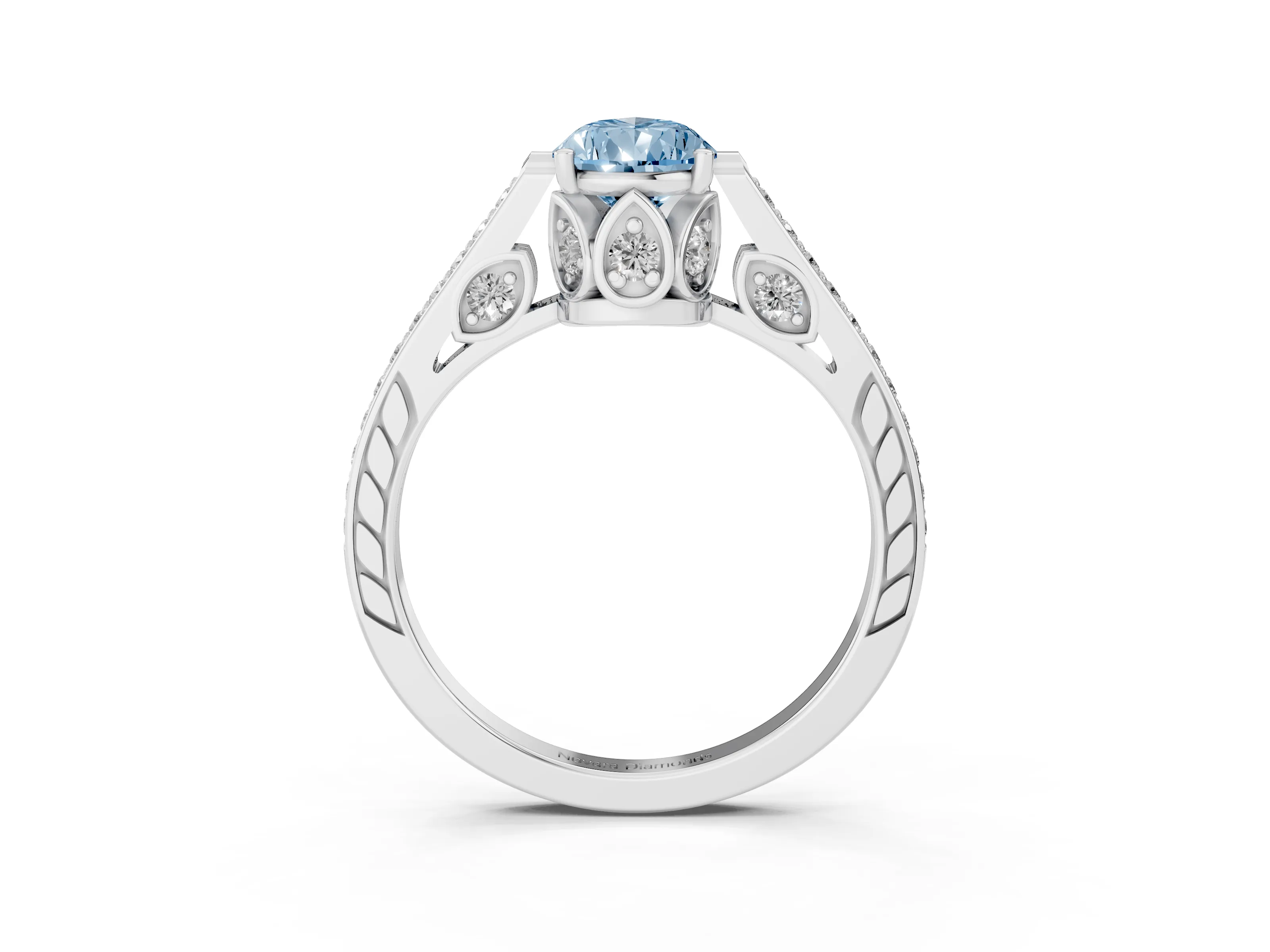Fancy Blue Pear Cut Diamond Cathedral Pavé Engagement Ring Set in Platinum with Prong Setting