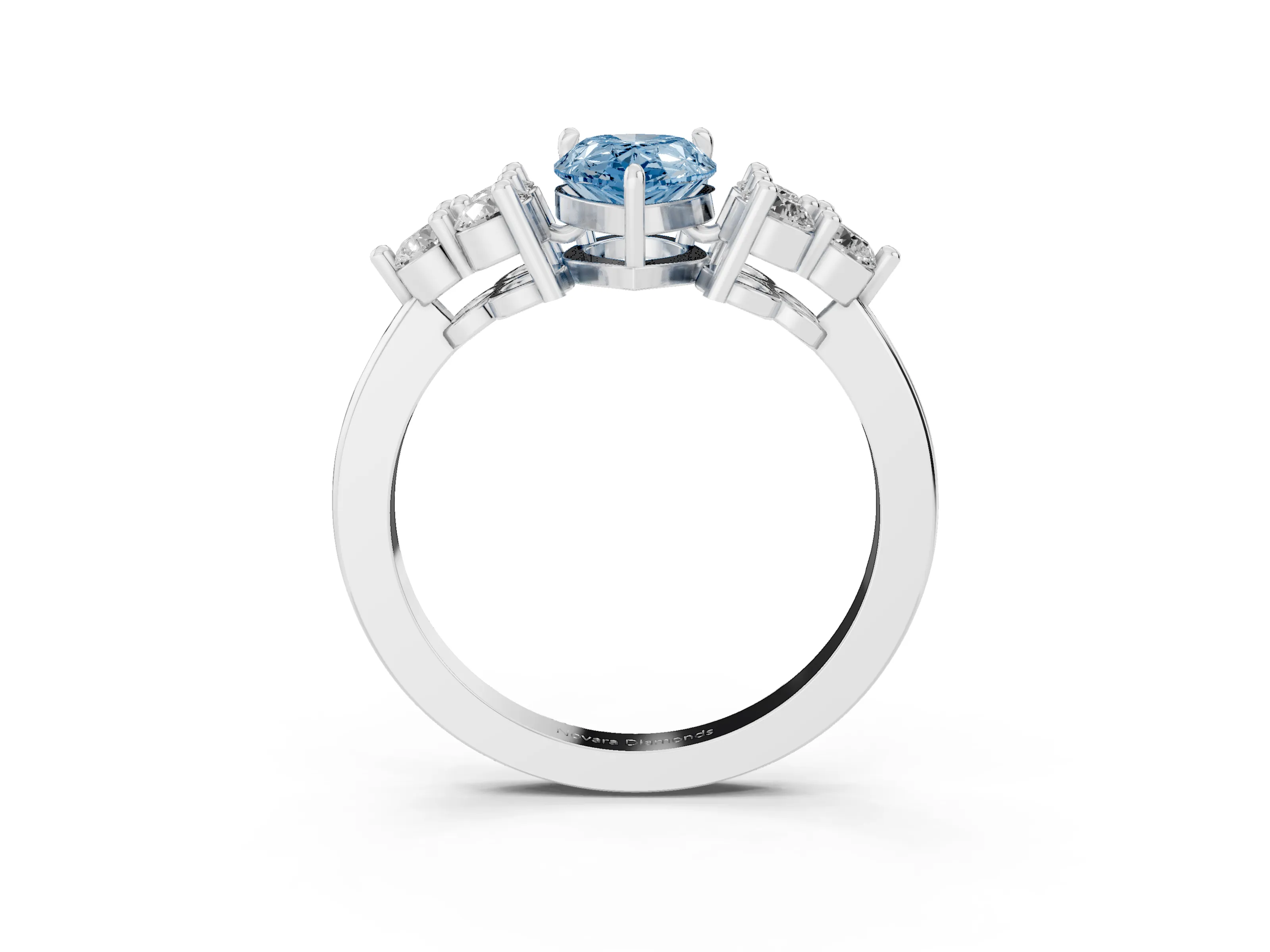 Fancy Blue Pear Cut Diamond Solitaire Ring Set in Silver with Cluster Accents on Each Side