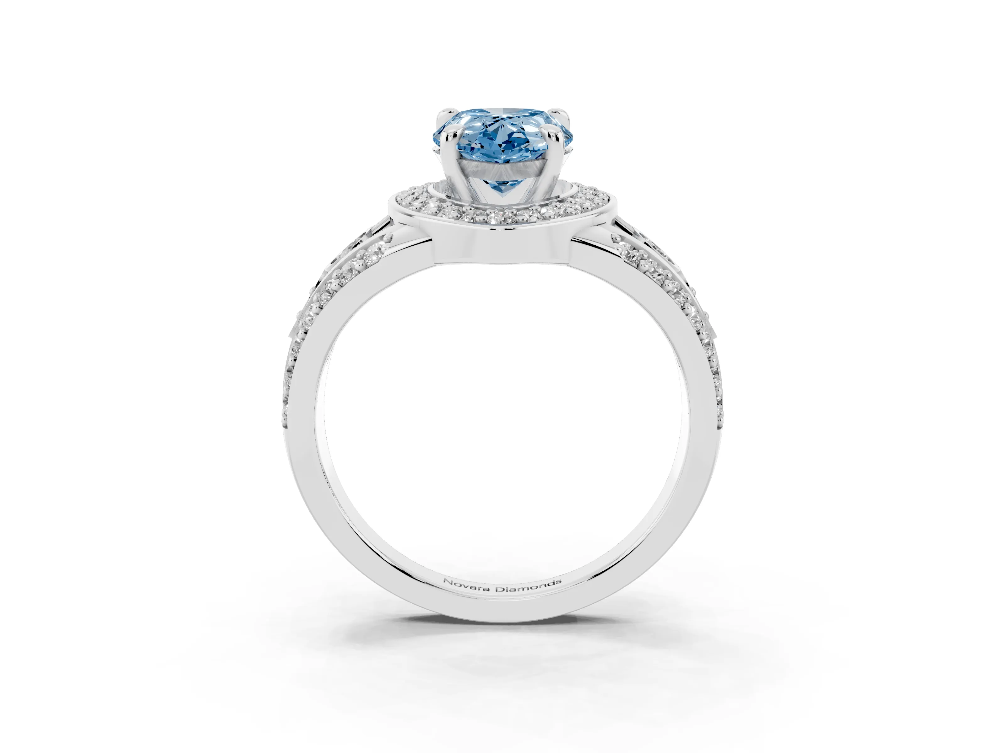 Fancy Blue Pear Cut Diamond Halo Ring Set in Silver with Pavé Split Shank and Bezel Accents
