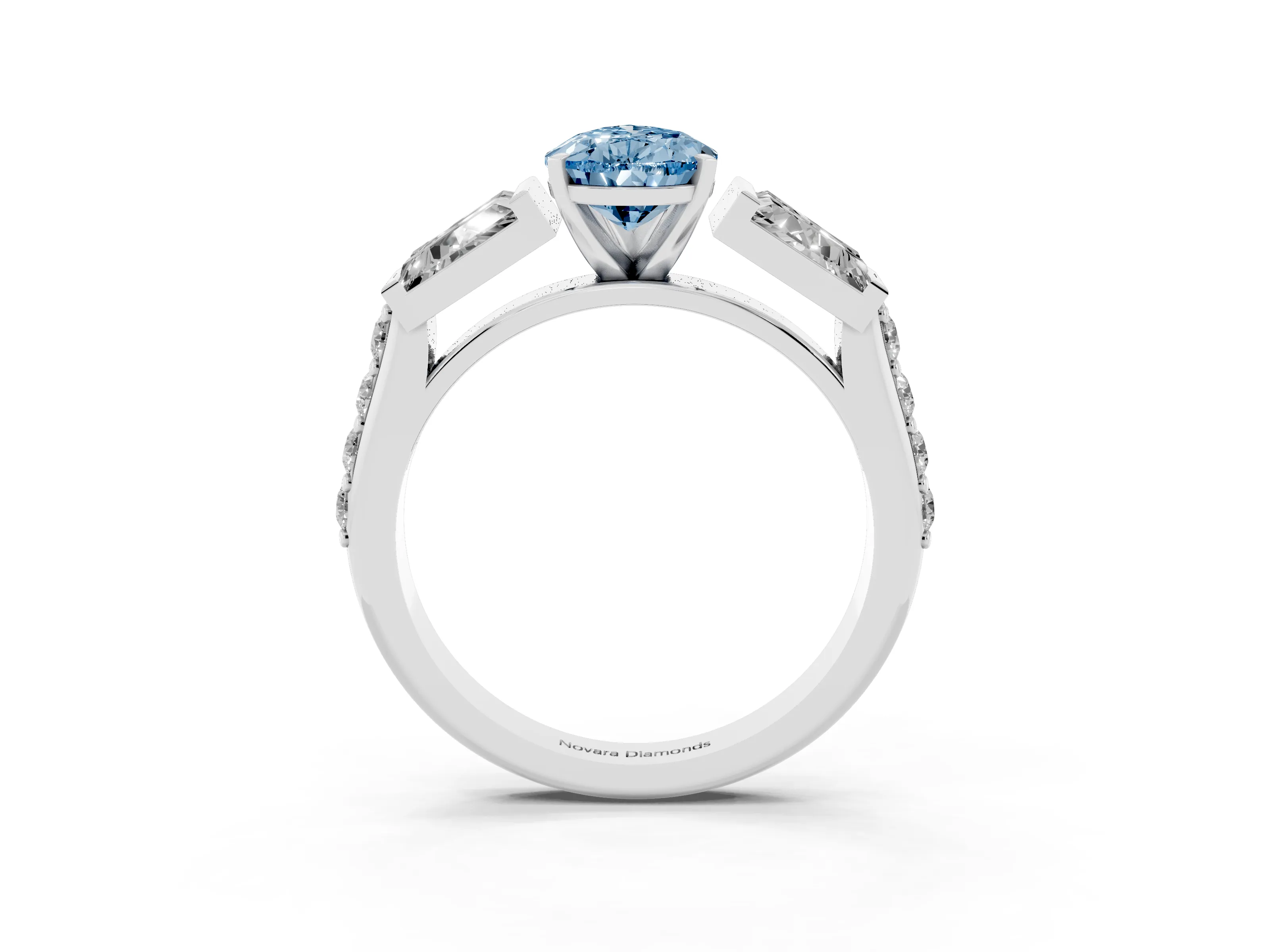 Fancy Blue Pear Cut Diamond Engagement Ring Set in White gold with Baguette Side Stones and Channel Set Band