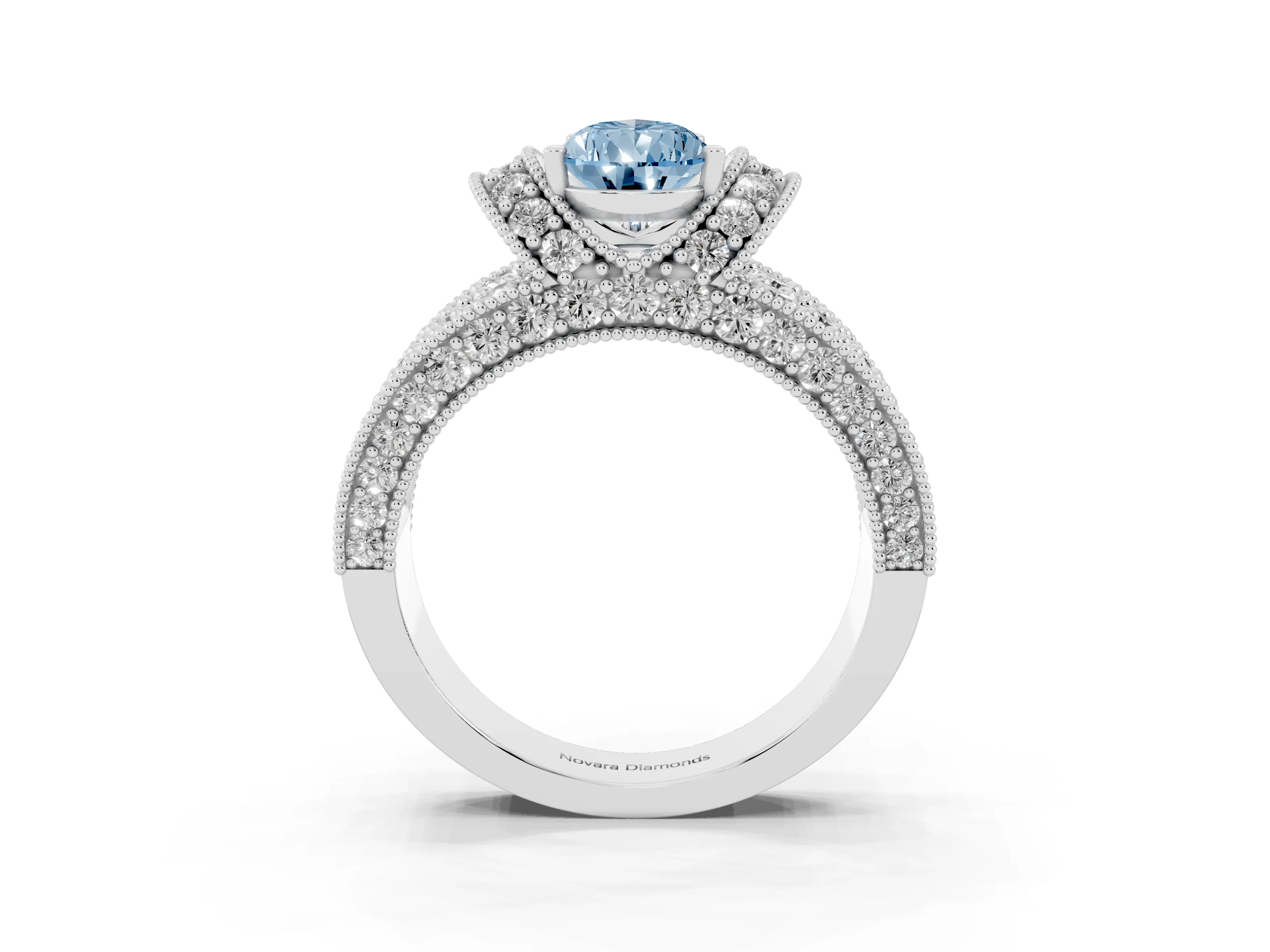 Fancy Blue Pear Cut Diamond Milgrain Halo Pavé Engagement Ring Set in White gold with Prong Setting