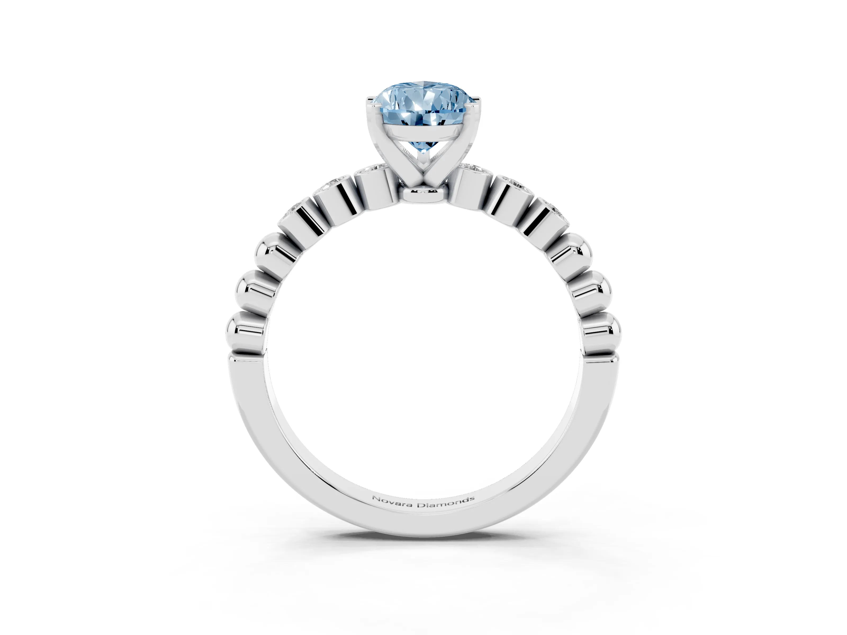 Fancy Blue Pear Cut Diamond Solitaire Engagement Ring Set in Silver with Bezel Accents on Beaded Band