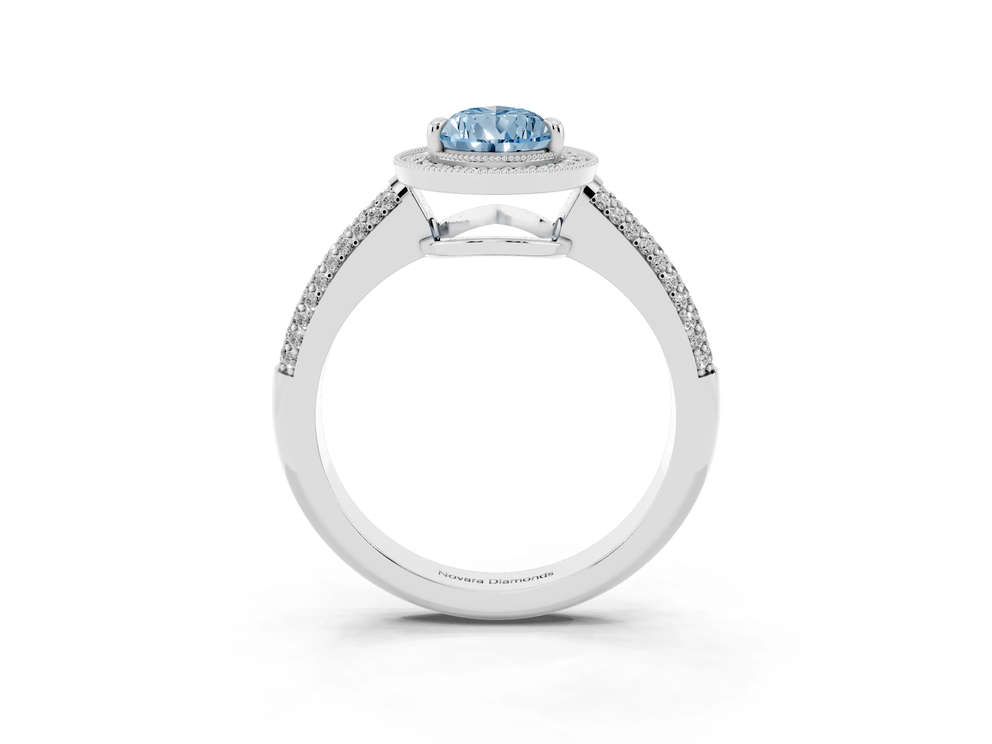 Fancy Blue Pear Cut Diamond Halo Pavé Band Set in White gold with Prong Setting