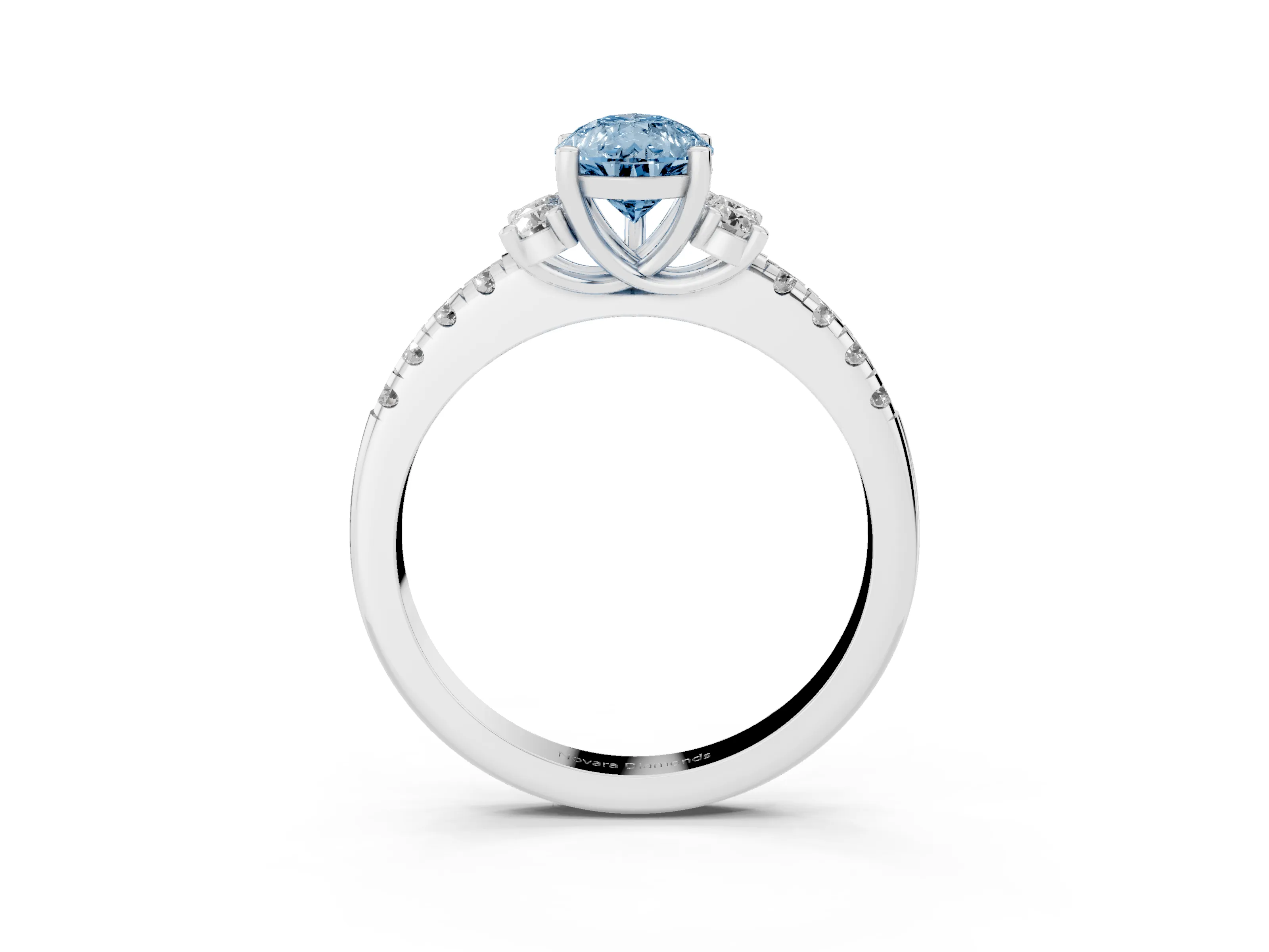 Fancy Blue Pear Cut Diamond Three-Stone Pavé Ring Set in White gold with Prong Setting