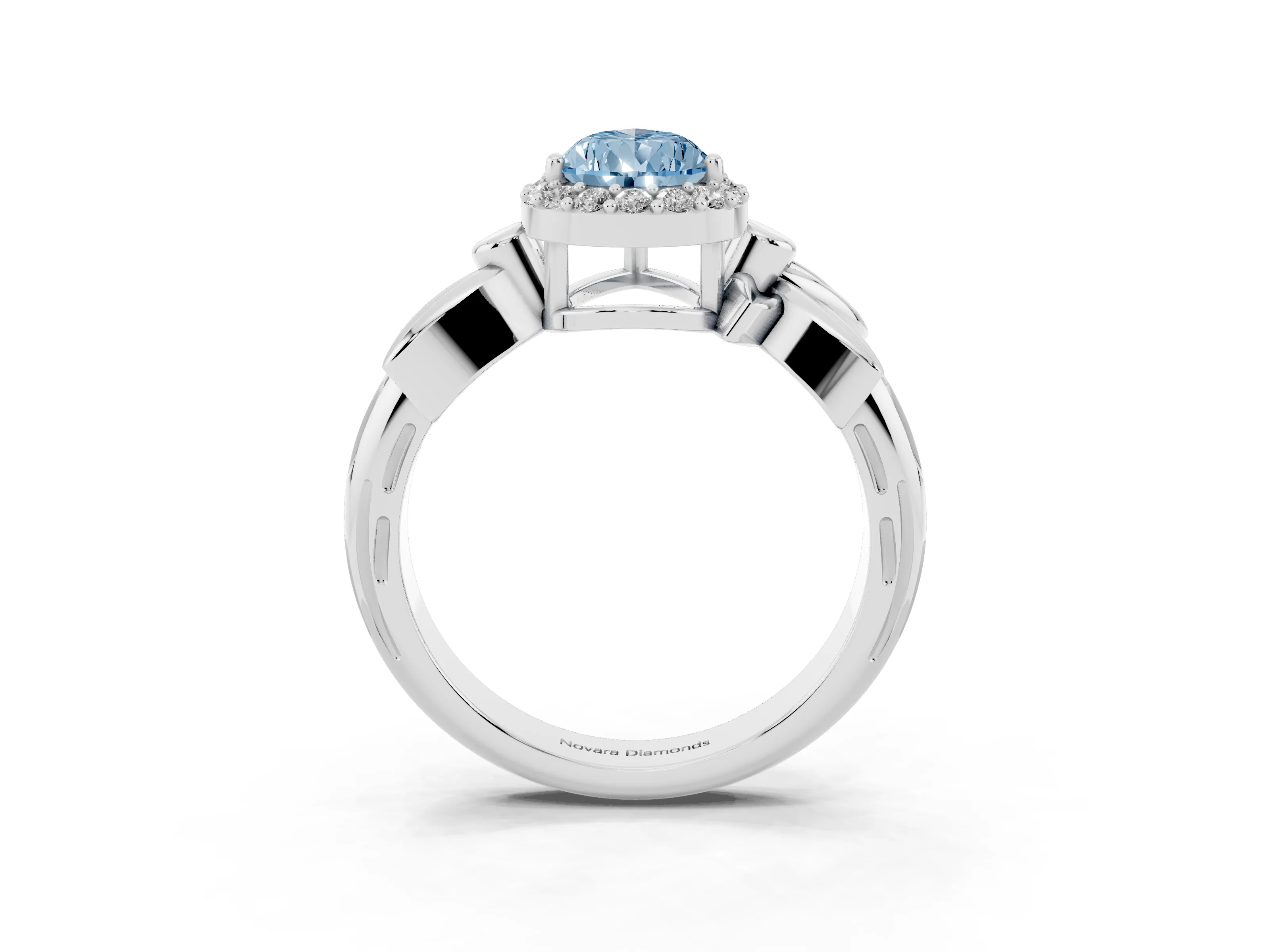 Fancy Blue Pear Cut Diamond Halo Floral Band Ring Set in White gold with Prong Setting