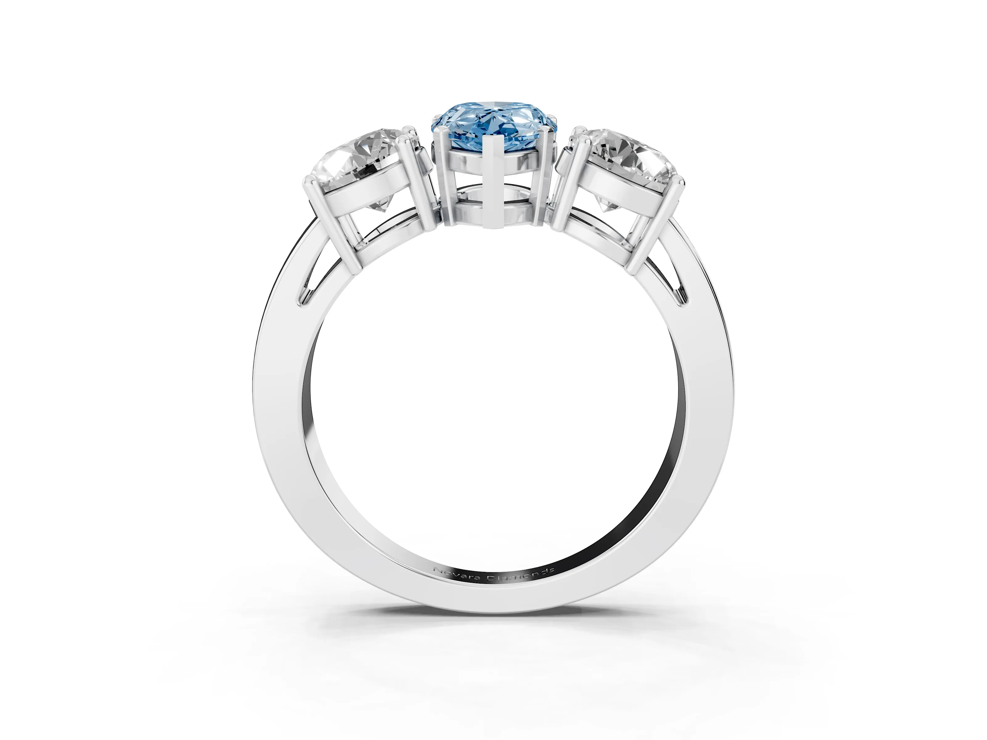 Fancy Blue Pear Cut Diamond Three-Stone Ring Set in Platinum with Round Side Stones and Classic Band