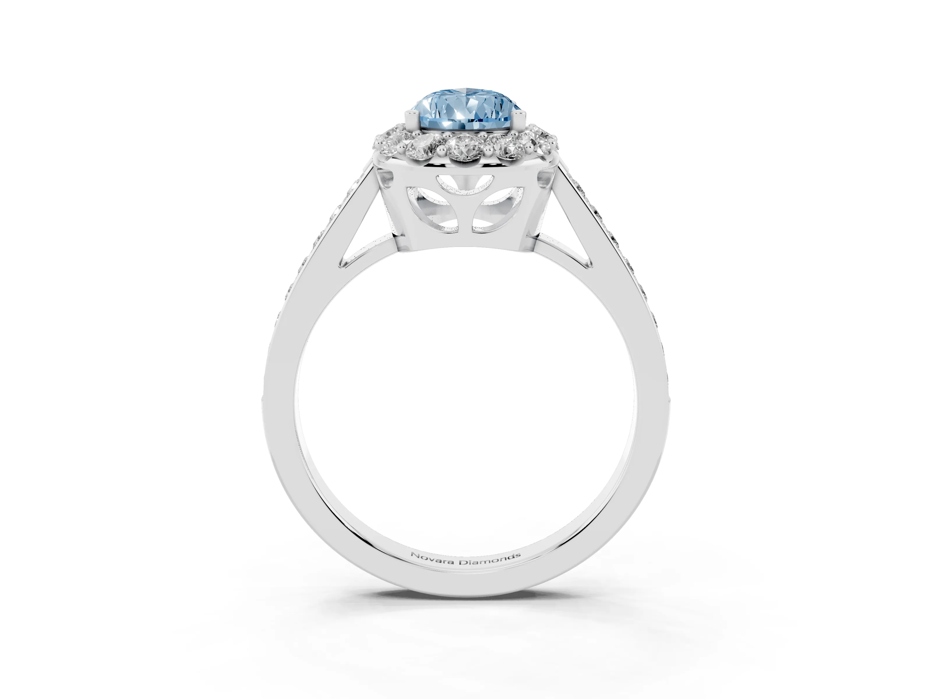 Fancy Blue Pear Cut Diamond Floral Halo Ring Set in White gold with Pavé Band and Prong Setting
