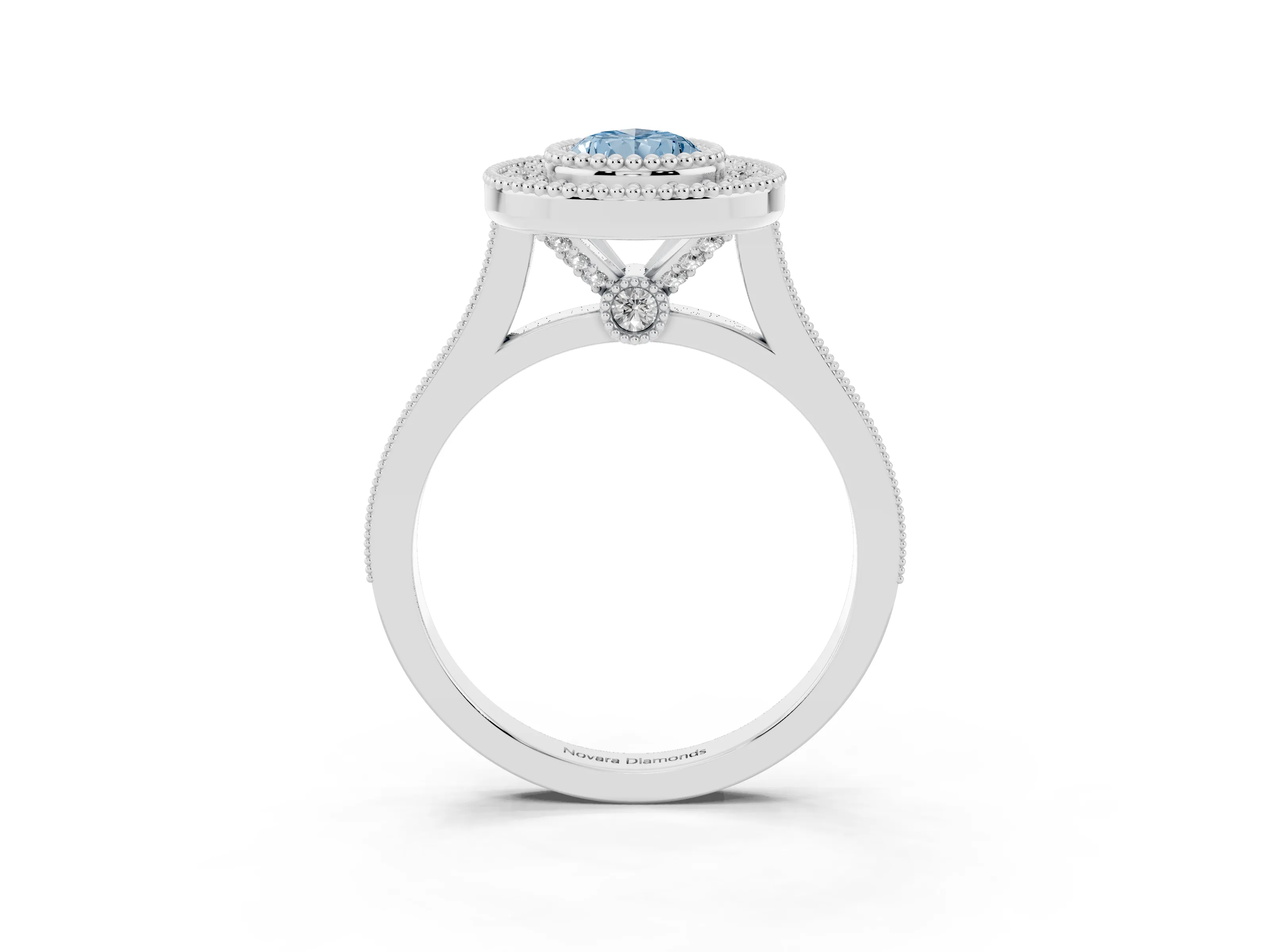 Fancy Blue Pear Cut Diamond Halo Ring Set in White gold with Milgrain Frame and Pavé Band
