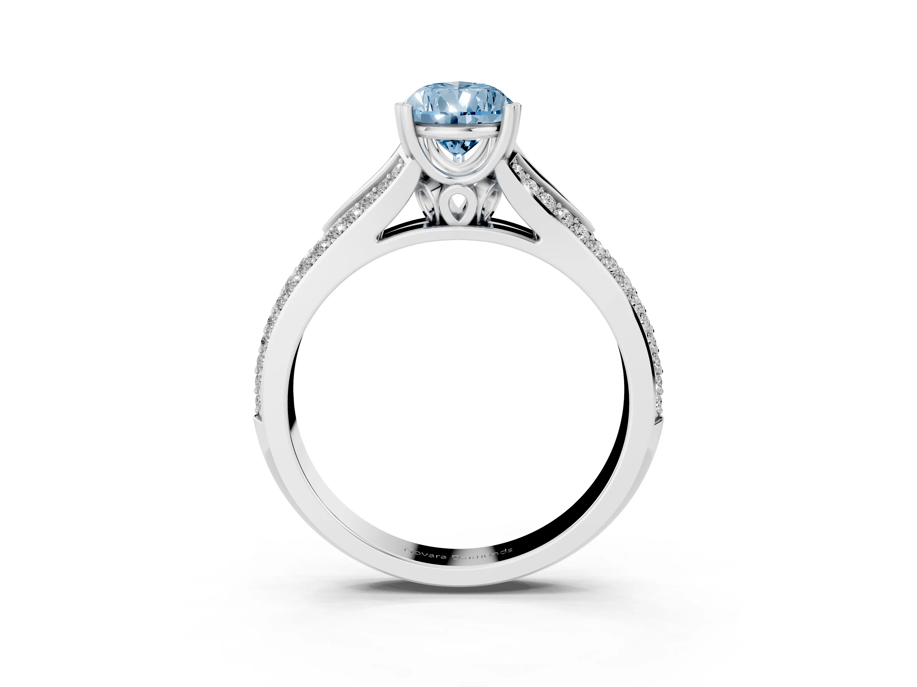 Fancy Blue Pear Cut Diamond Split Shank Pavé Engagement Ring Set in White gold with Prong-Set Center Stone