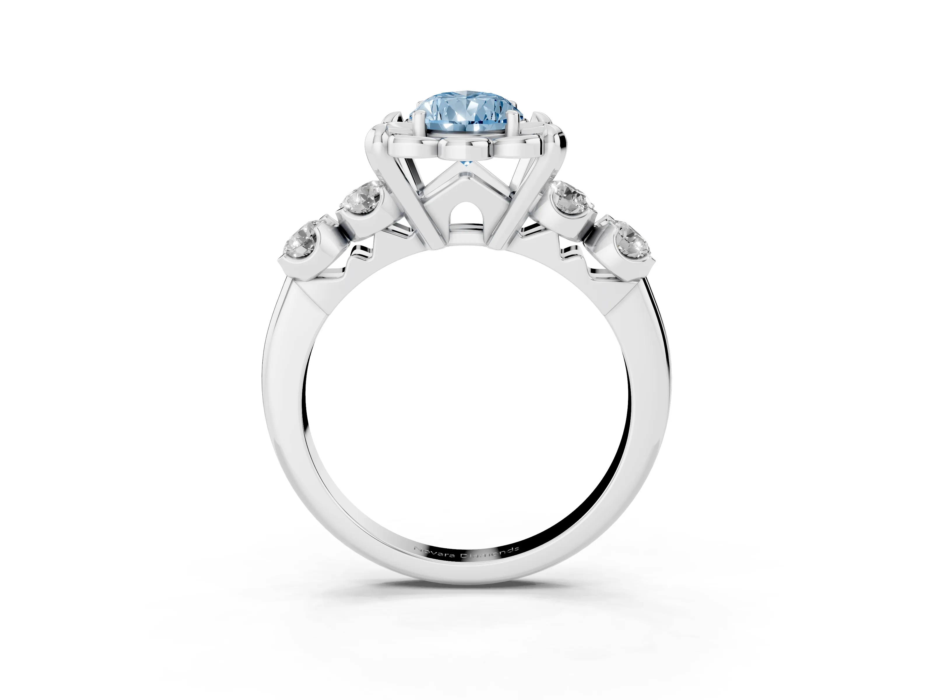 Fancy Blue Pear Cut Diamond Floral Halo Ring Set in Silver with Shared Prong Band