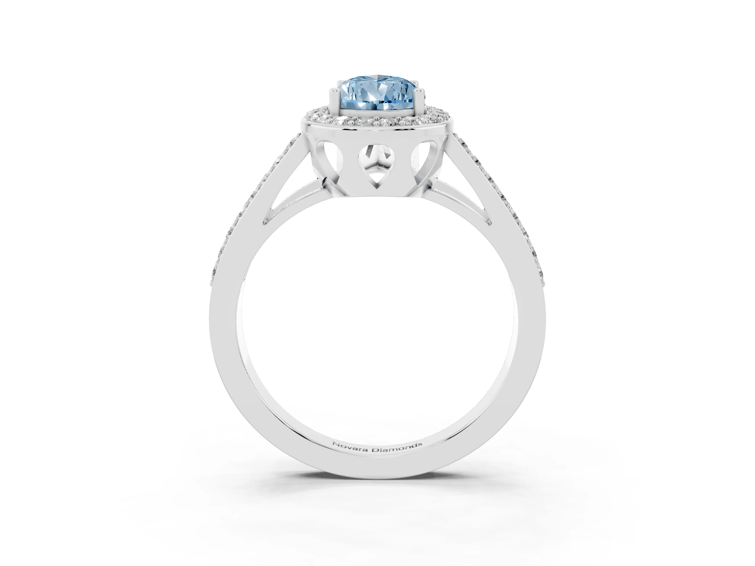 Fancy Blue Pear Cut Diamond Halo Ring Set in White gold with U-Prong Split Shank and Prong Setting