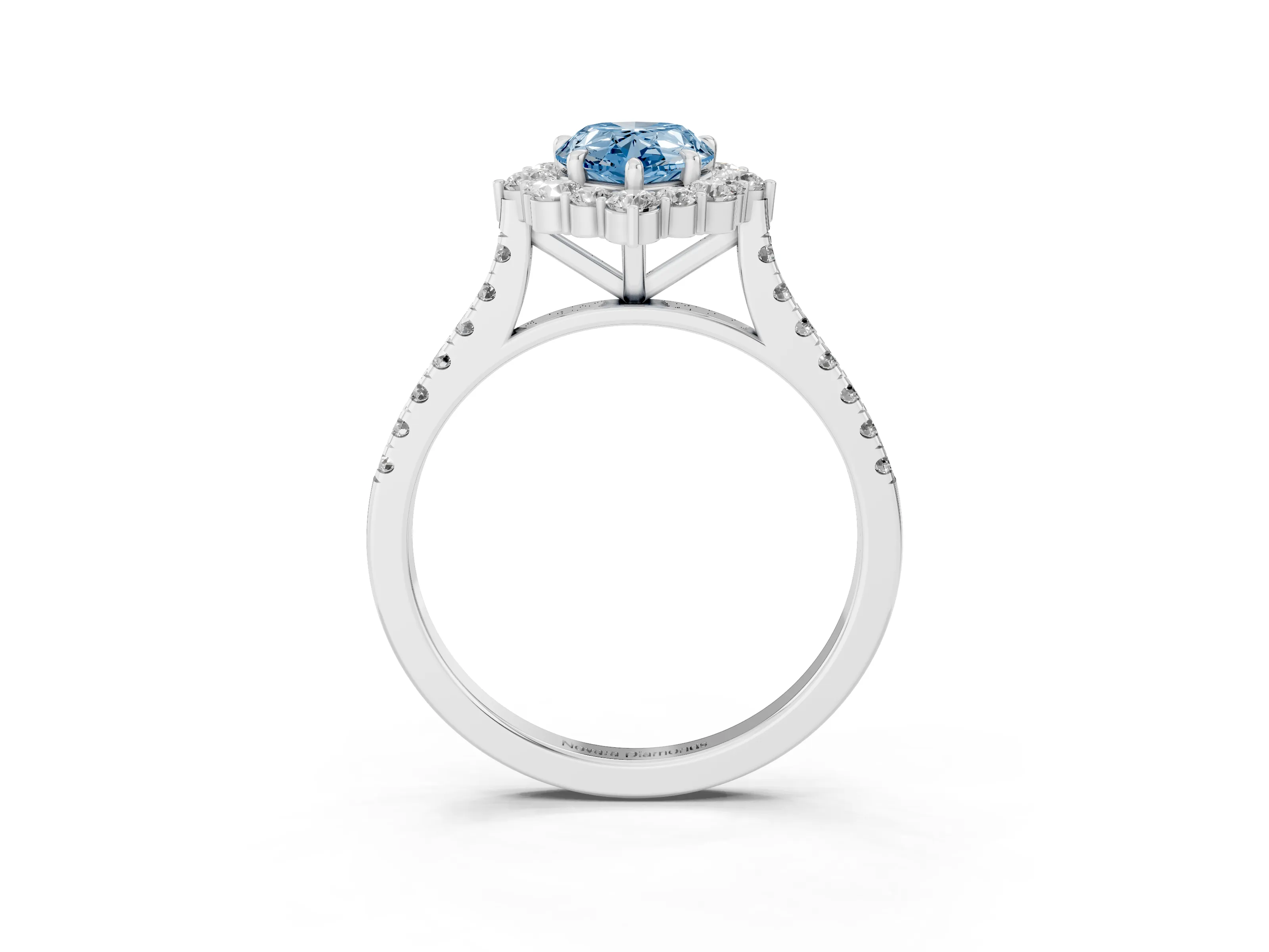 Fancy Blue Pear Cut Diamond Halo Ring Set in White gold with Pavé Band and Prong Setting