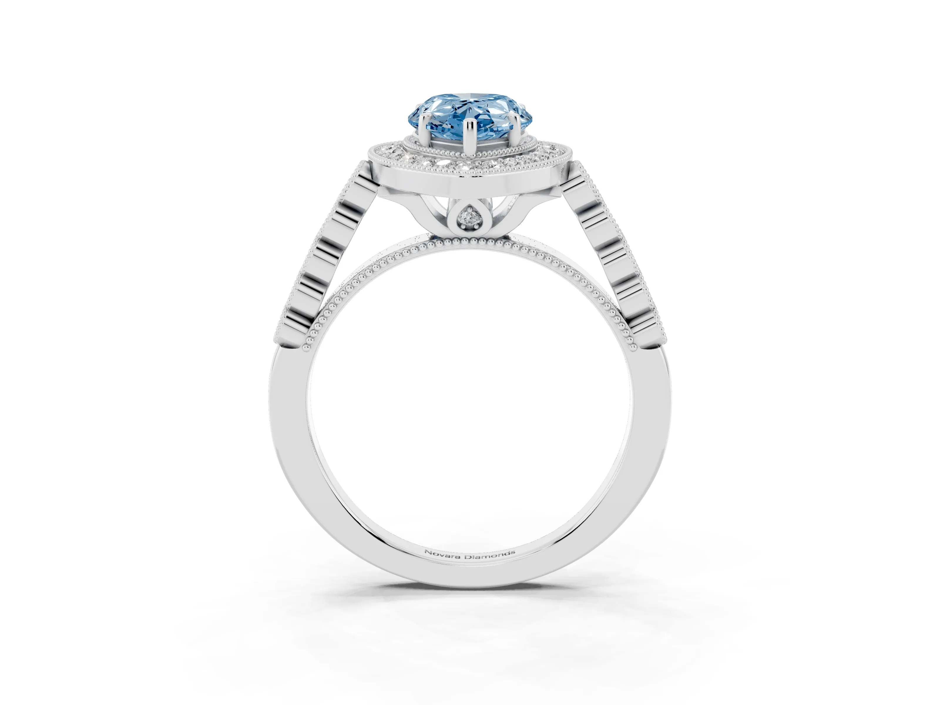 Fancy Blue Pear Cut Diamond Milgrain Halo Solitaire Ring Set in White gold with Bezel Set Side Stones and Pavé Band
