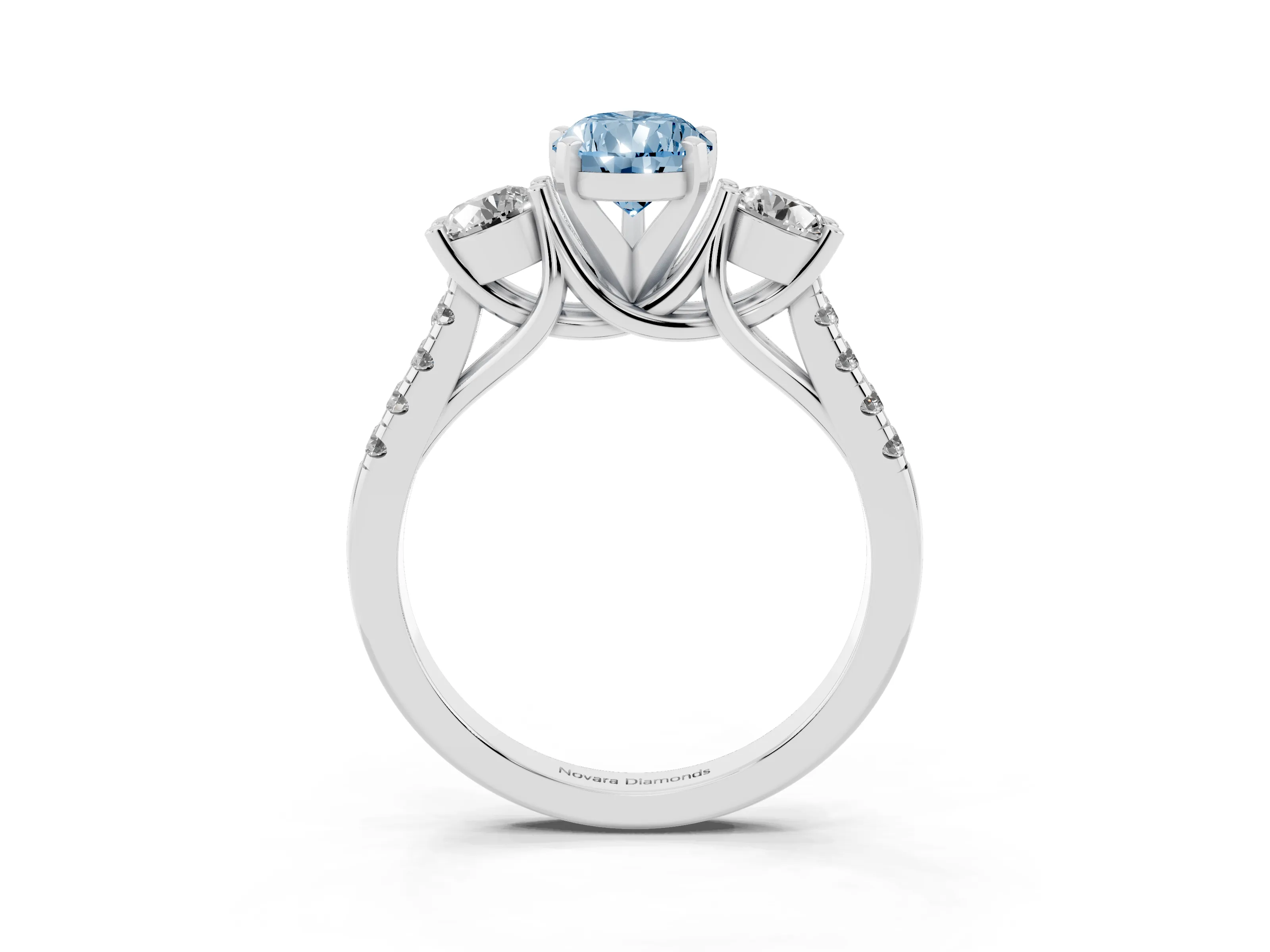 Fancy Blue Three-Stone Pear Cut Diamond Pavé Band Ring Set in Platinum with Prong-Set Trio