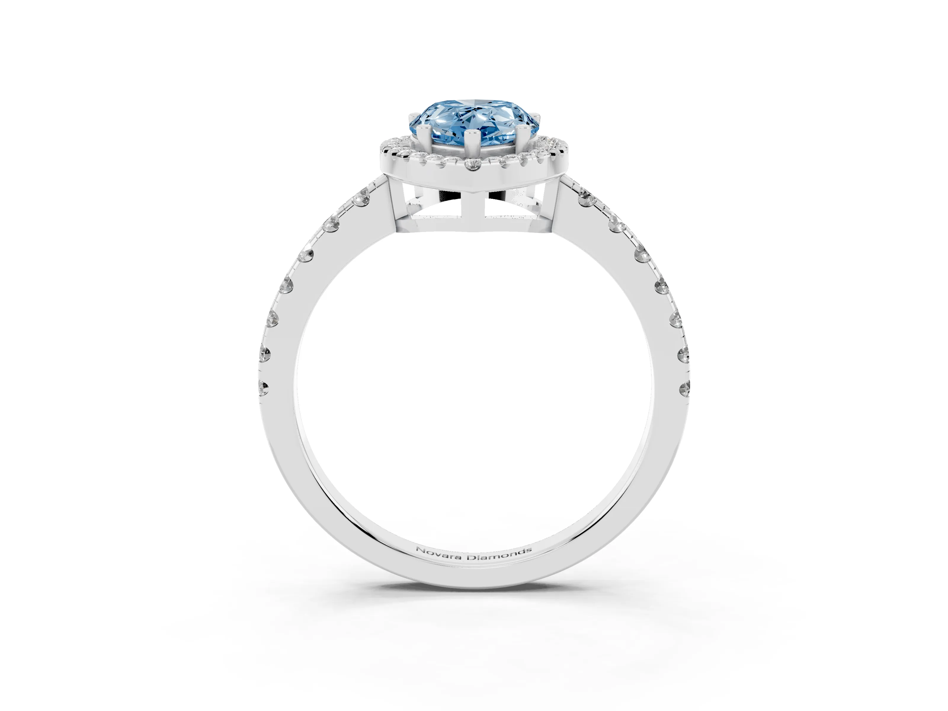 Fancy Blue Pear Cut Diamond Halo Ring Set in White gold with Delicate Pavé Band and Prong Setting