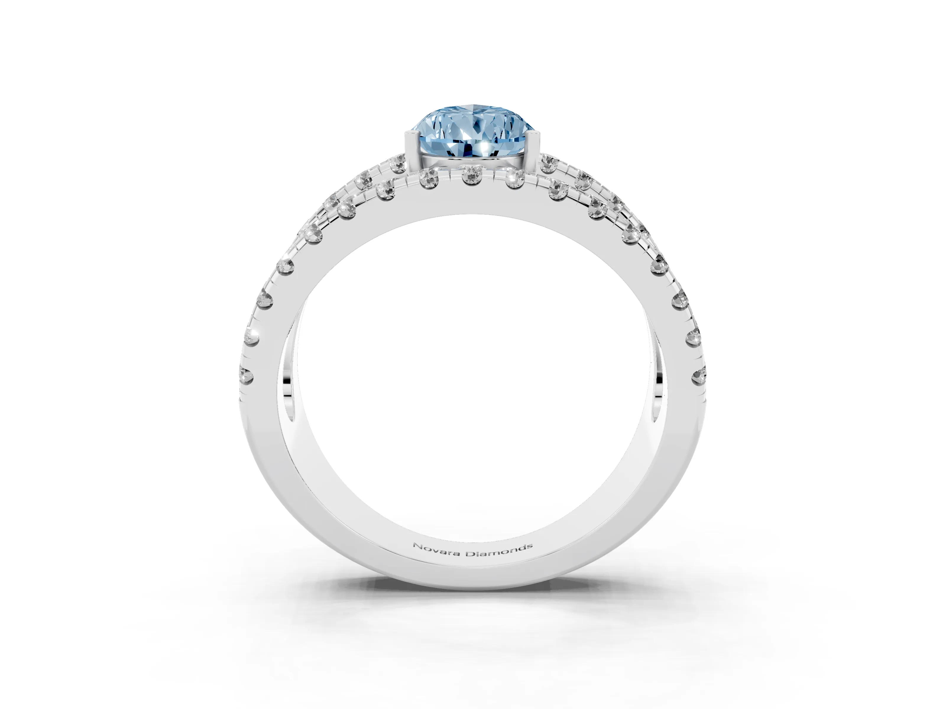 Fancy Blue Pear Cut Diamond Split Shank Pavé Solitaire Ring Set in Silver with Open Shank Design