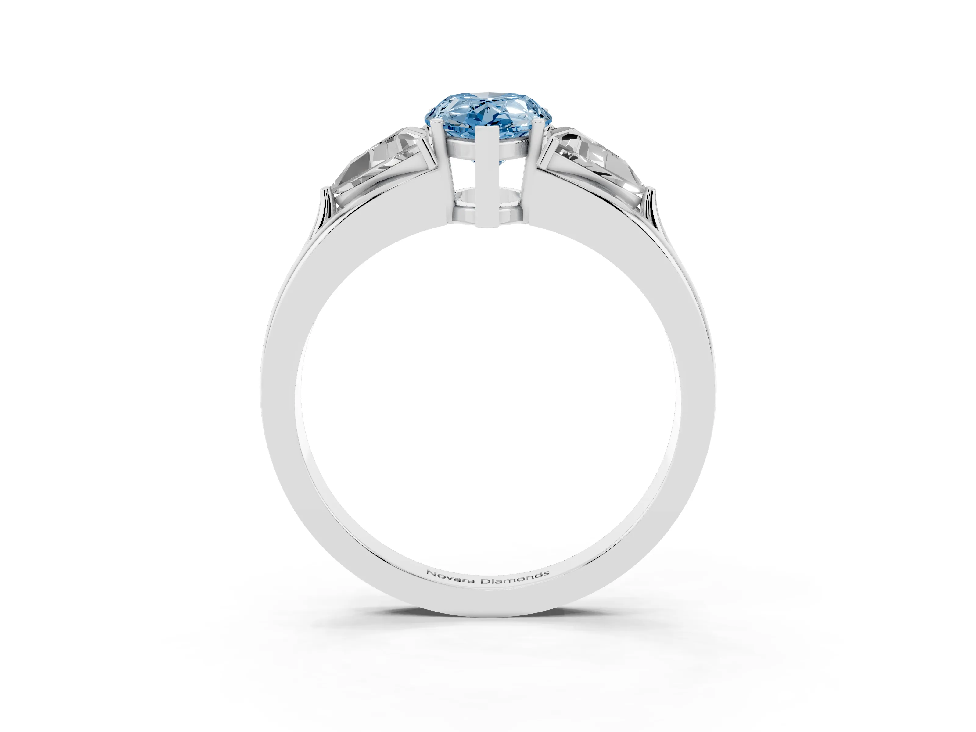 Fancy Blue Pear Cut Diamond Three-Stone Ring Set in Silver with Trillion Side Stones and Split Shank