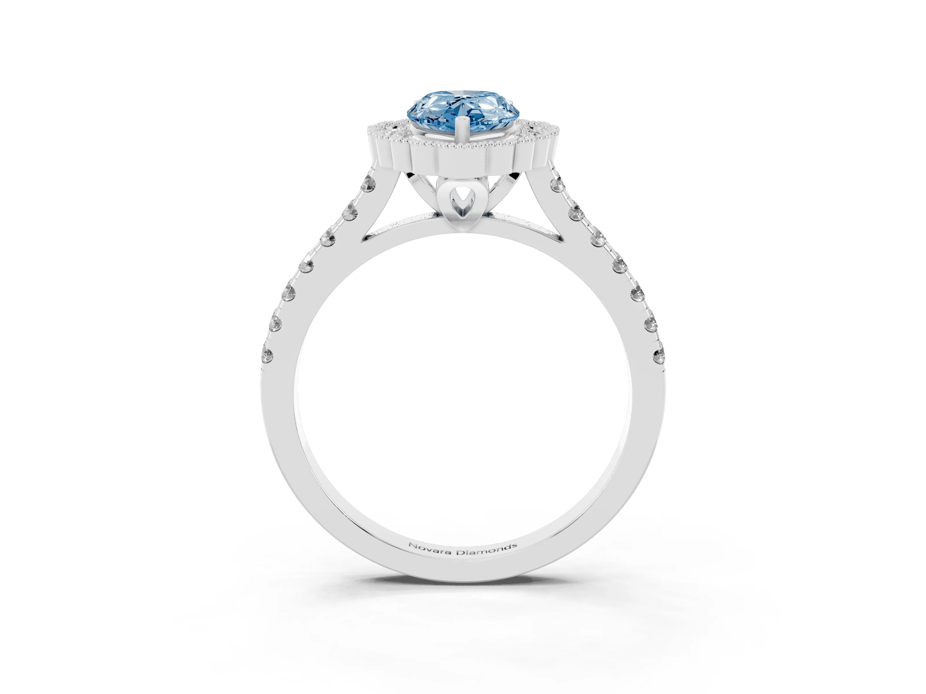 Fancy Blue Pear Cut Diamond Milgrain Floral Halo Engagement Ring Set in Platinum with Pavé Band