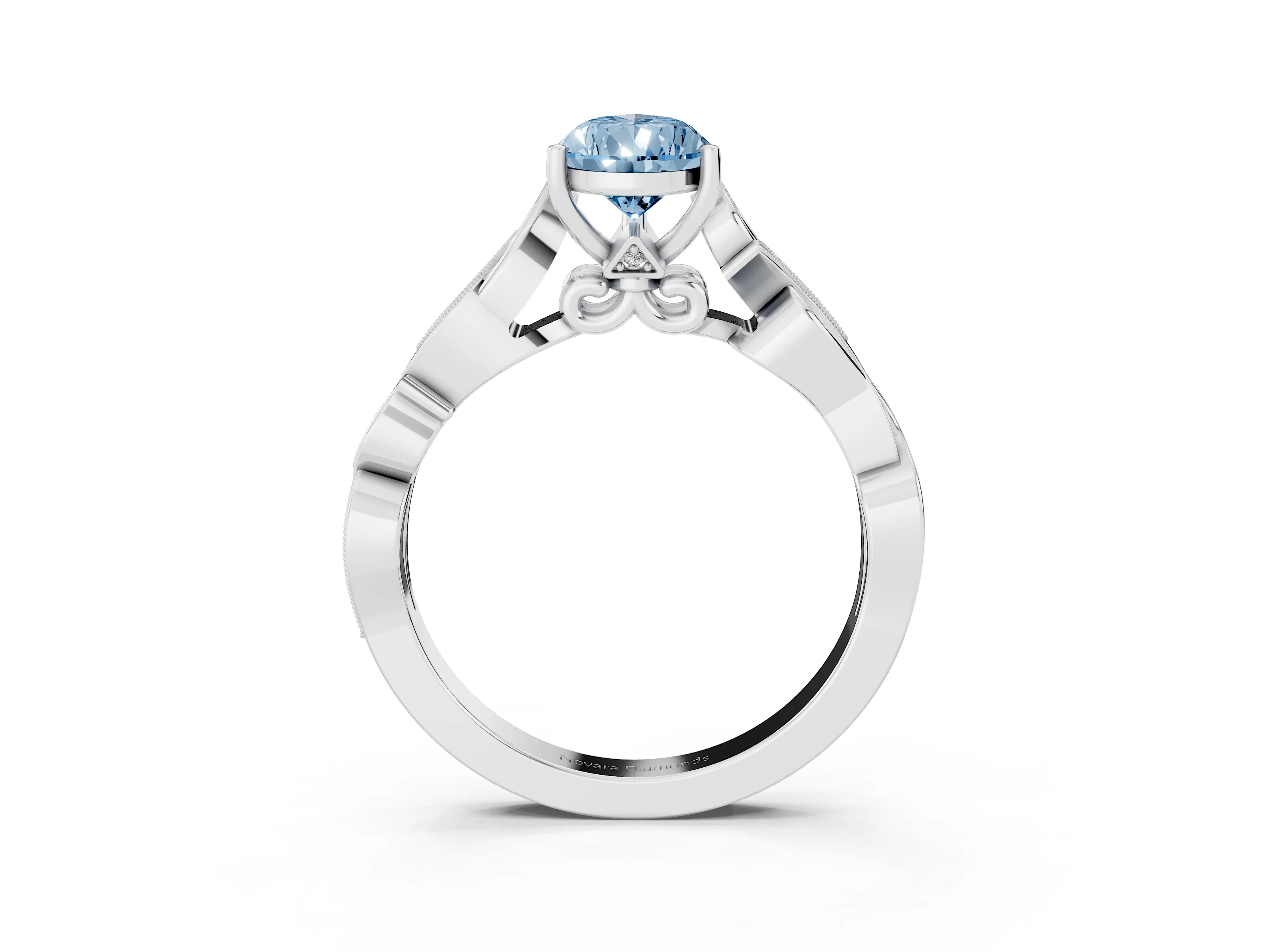 Fancy Blue Pear Cut Diamond Vine Band Solitaire Ring Set in Silver with Milgrain Prong Setting