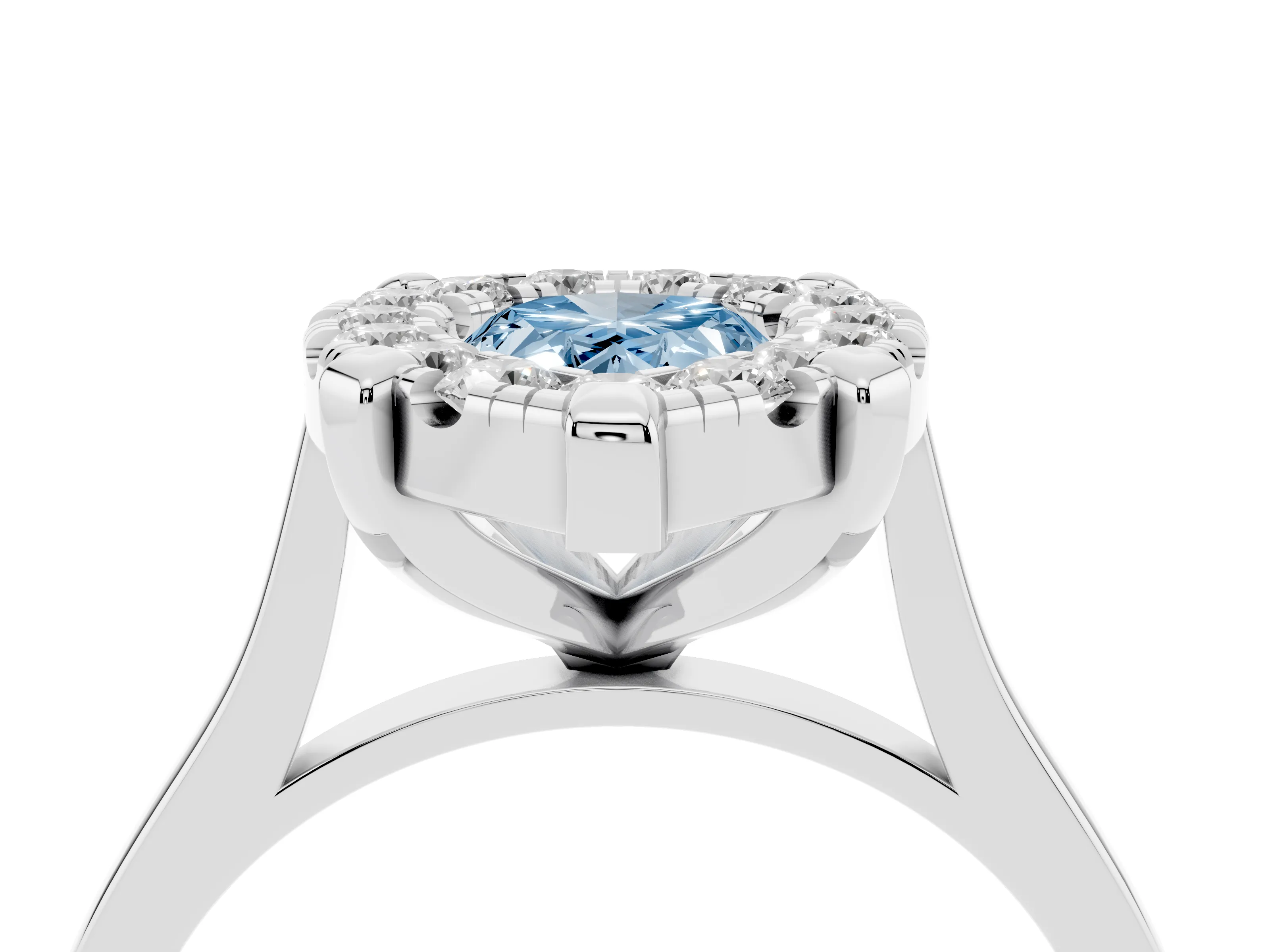 Fancy Blue Pear Cut Diamond Cluster Halo Solitaire Ring Set in Silver with Prong Setting