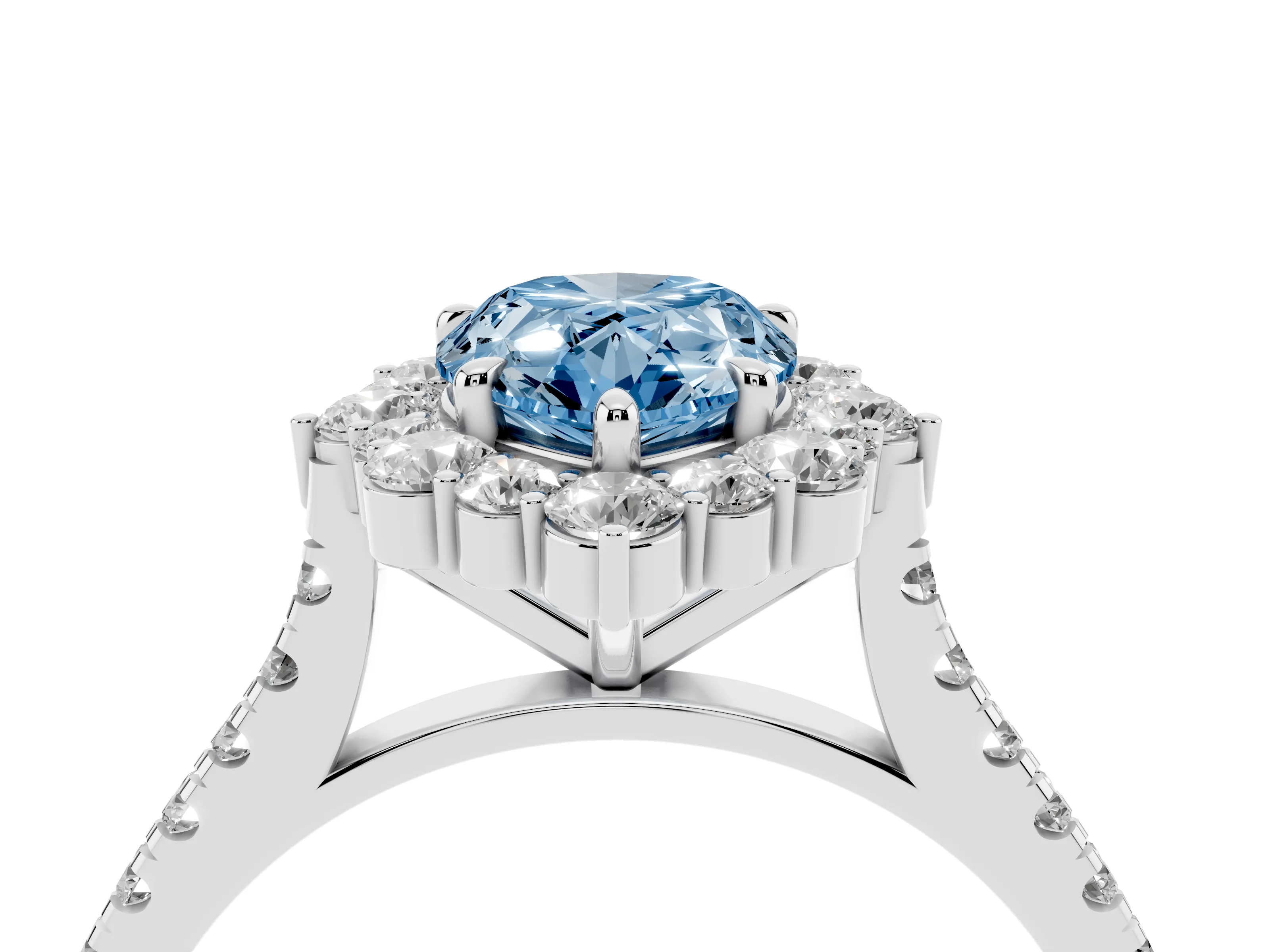 Fancy Blue Pear Cut Diamond Halo Ring Set in White gold with Pavé Band and Prong Setting