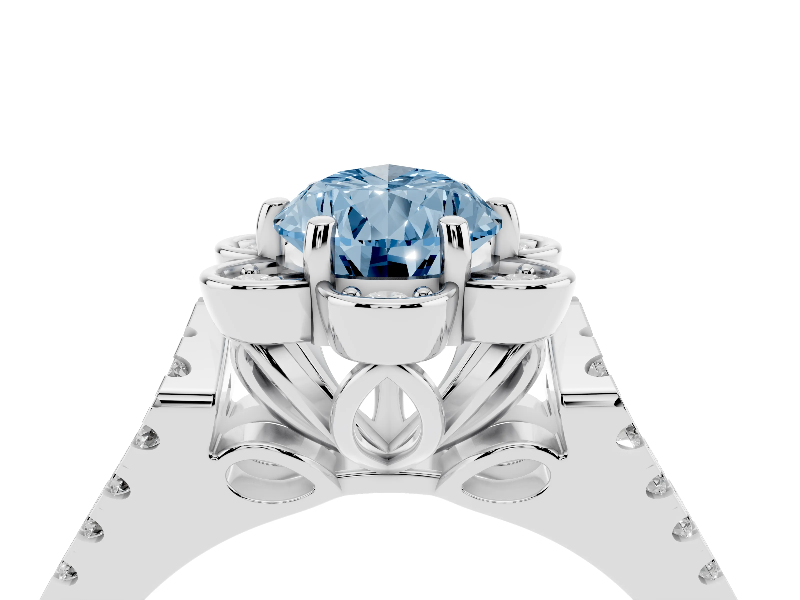Fancy Blue Pear Cut Diamond Floral Halo Split Shank Engagement Ring Set in Platinum with Pavé Shank