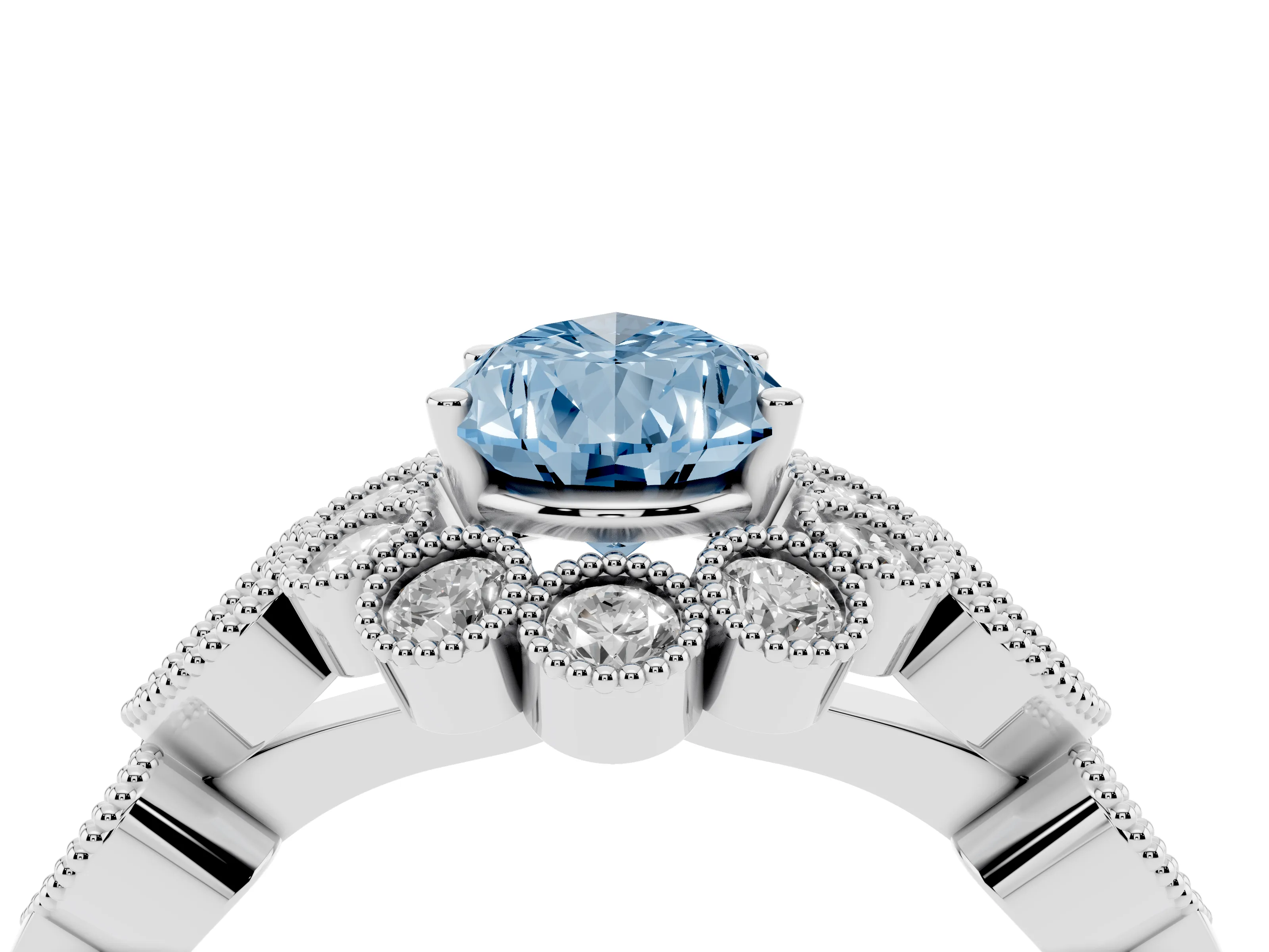 Fancy Blue Pear Cut Diamond Solitaire Ring Set in Platinum with Milgrain Pavé Heart Band