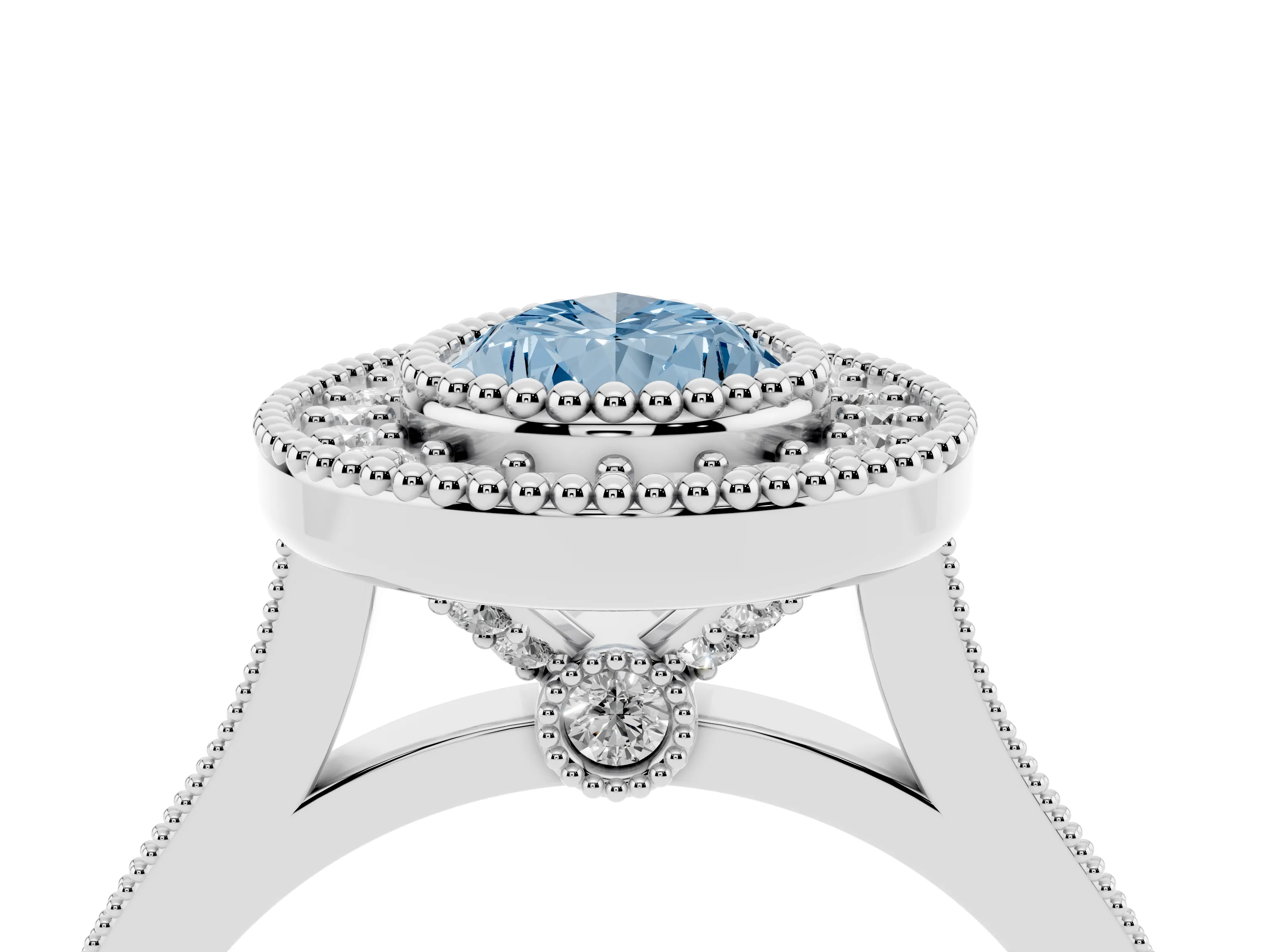 Fancy Blue Pear Cut Diamond Halo Ring Set in White gold with Milgrain Frame and Pavé Band