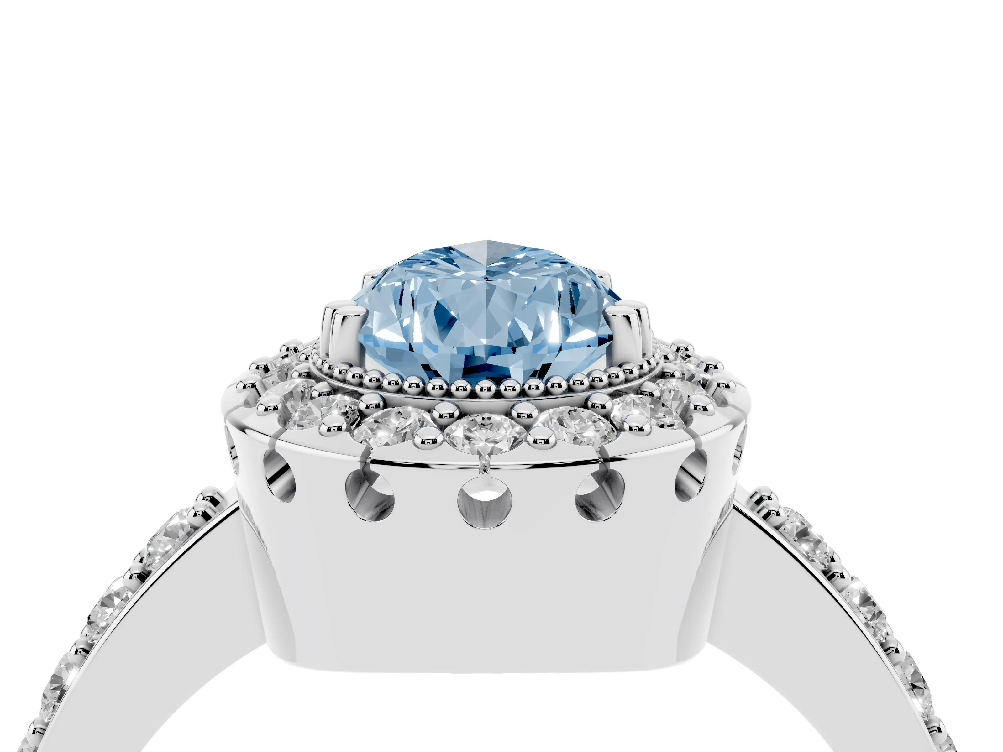 Fancy Blue Pear Cut Diamond Halo Ring Set in White gold with Pavé Shank and Prong Setting