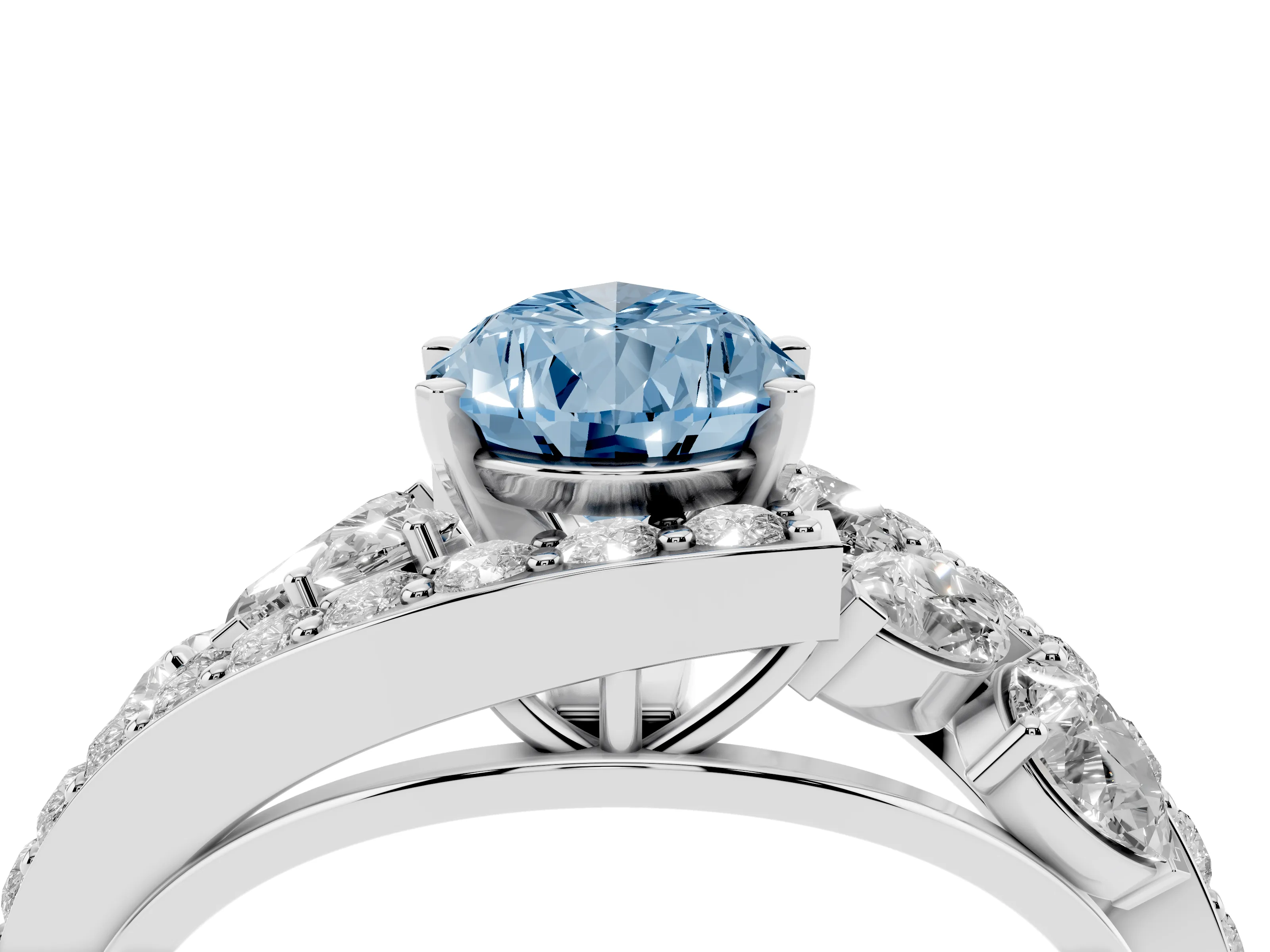 Fancy Blue Pear Cut Diamond Halo Ring Set in Platinum with Marquise and Pavé Band in Prong Setting