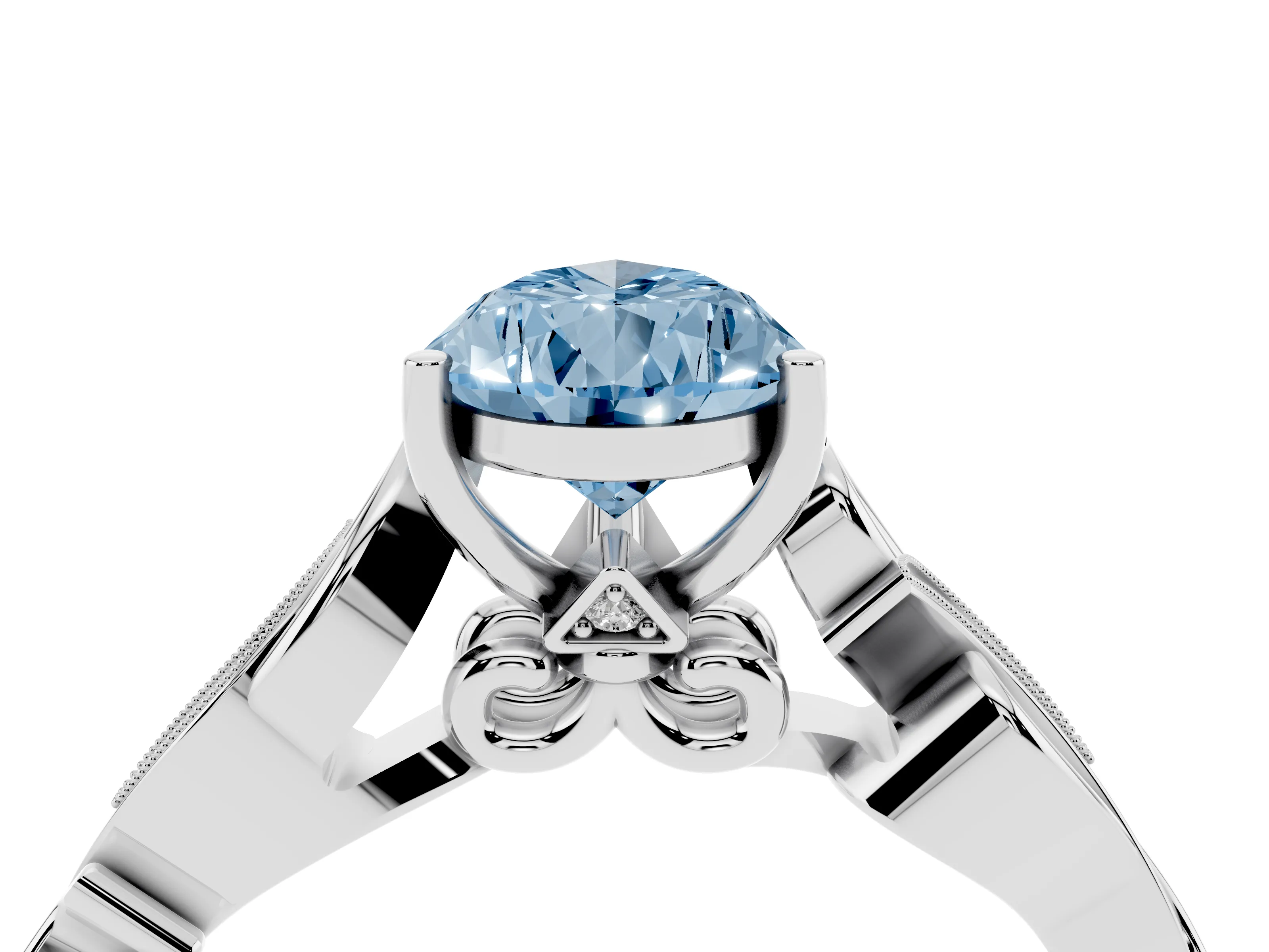 Fancy Blue Pear Cut Diamond Vine Band Solitaire Ring Set in Silver with Milgrain Prong Setting