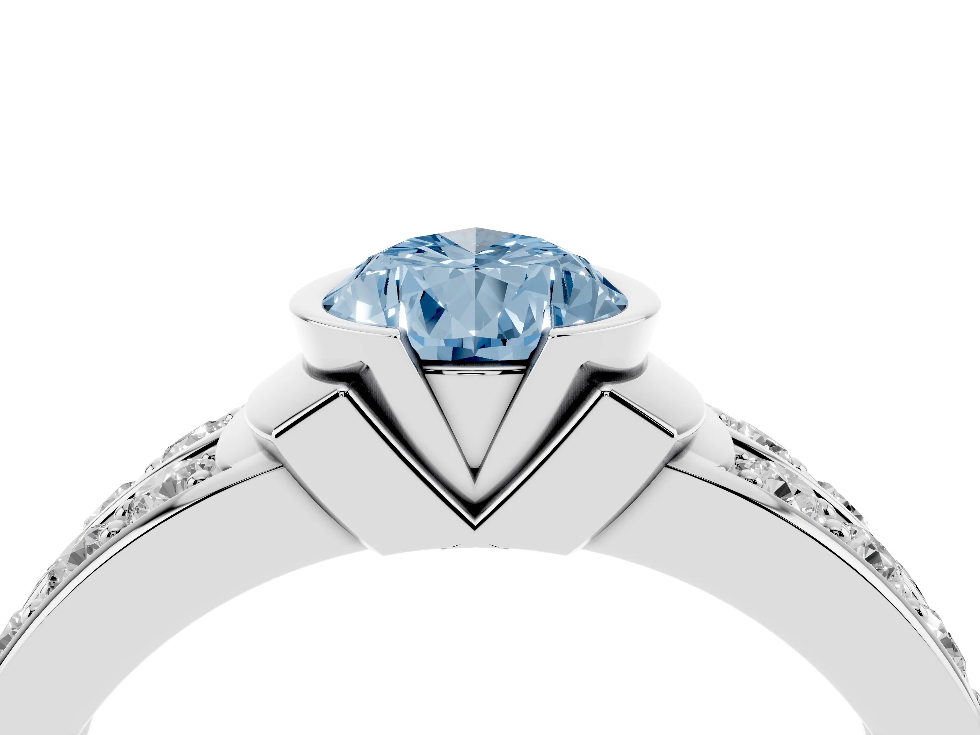 Fancy Blue Pear Cut Diamond Wide Channel Set Band Ring Set in Silver with Bezel Setting