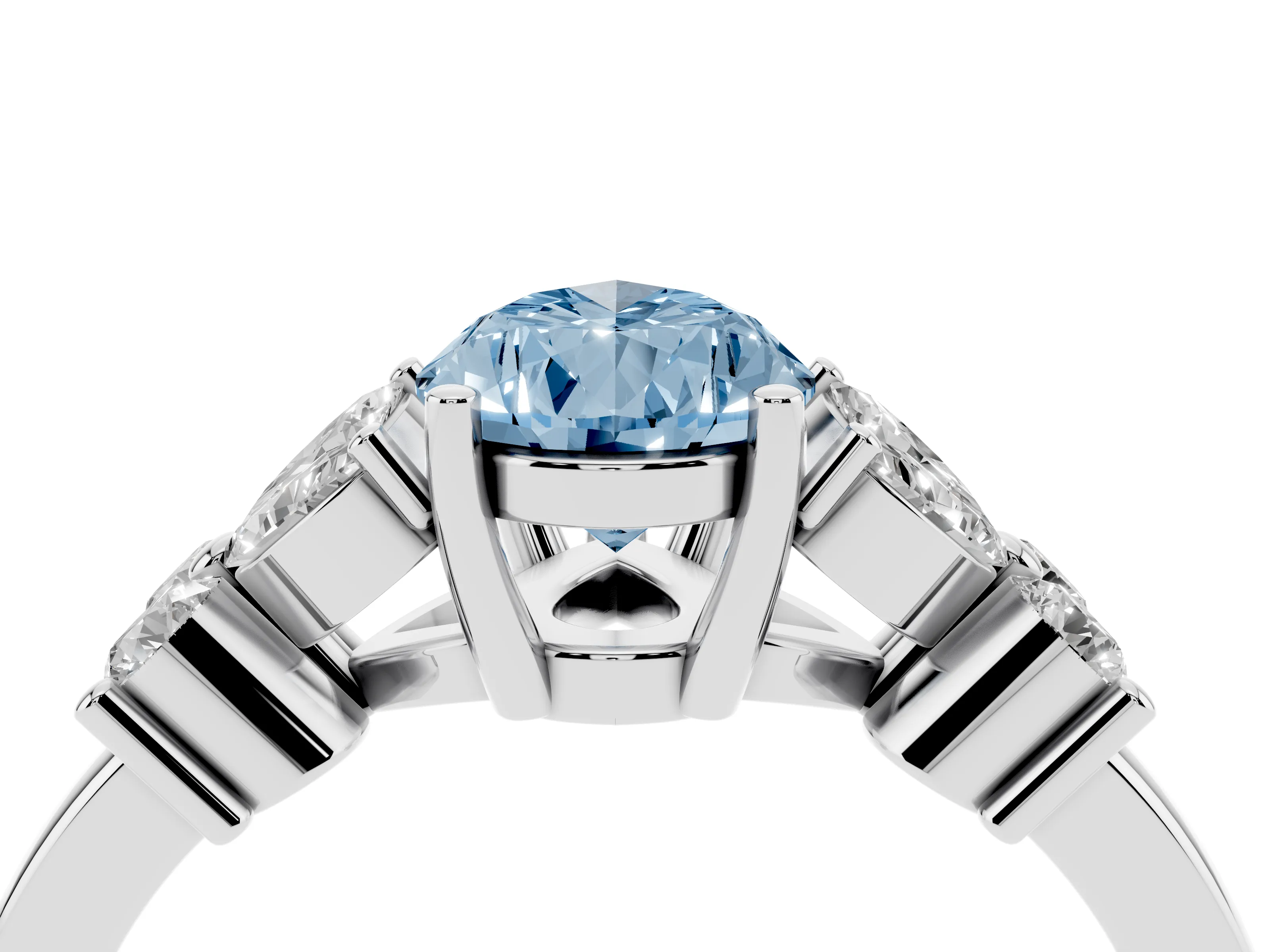 Fancy Blue Pear Cut Diamond Floral Cluster Ring Set in Silver with Marquise Petals and Prong Setting