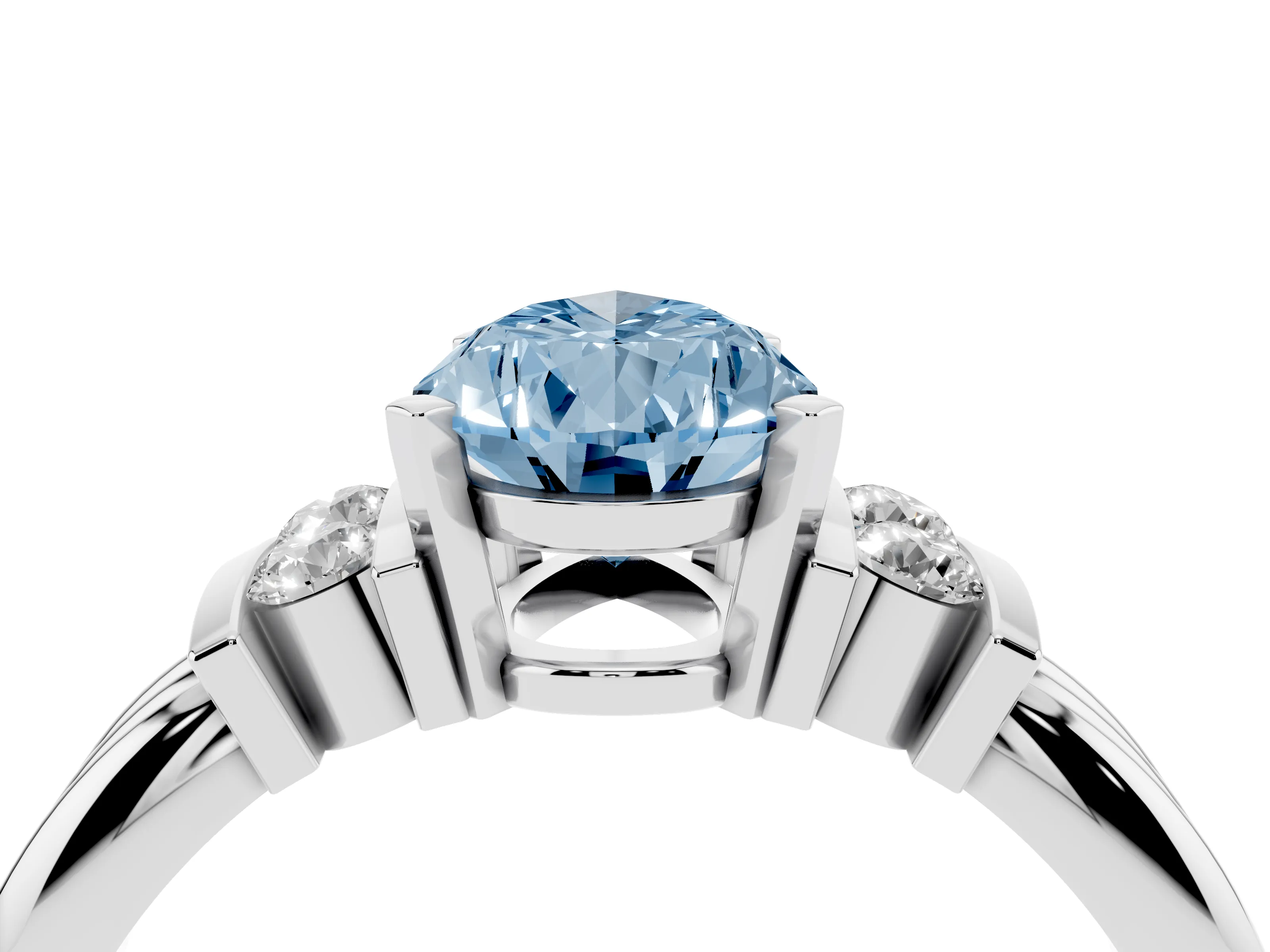 Fancy Blue Three-Stone Pear Cut Diamond Channel Set Ring Set in Silver with Bar Prongs