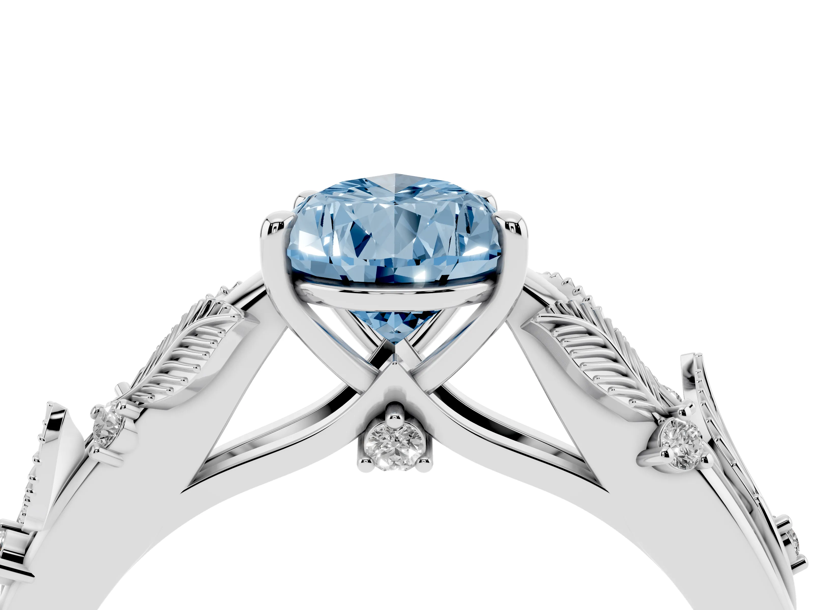 Fancy Blue Pear Cut Diamond Solitaire Ring Set in White gold with Leaf Motif Band