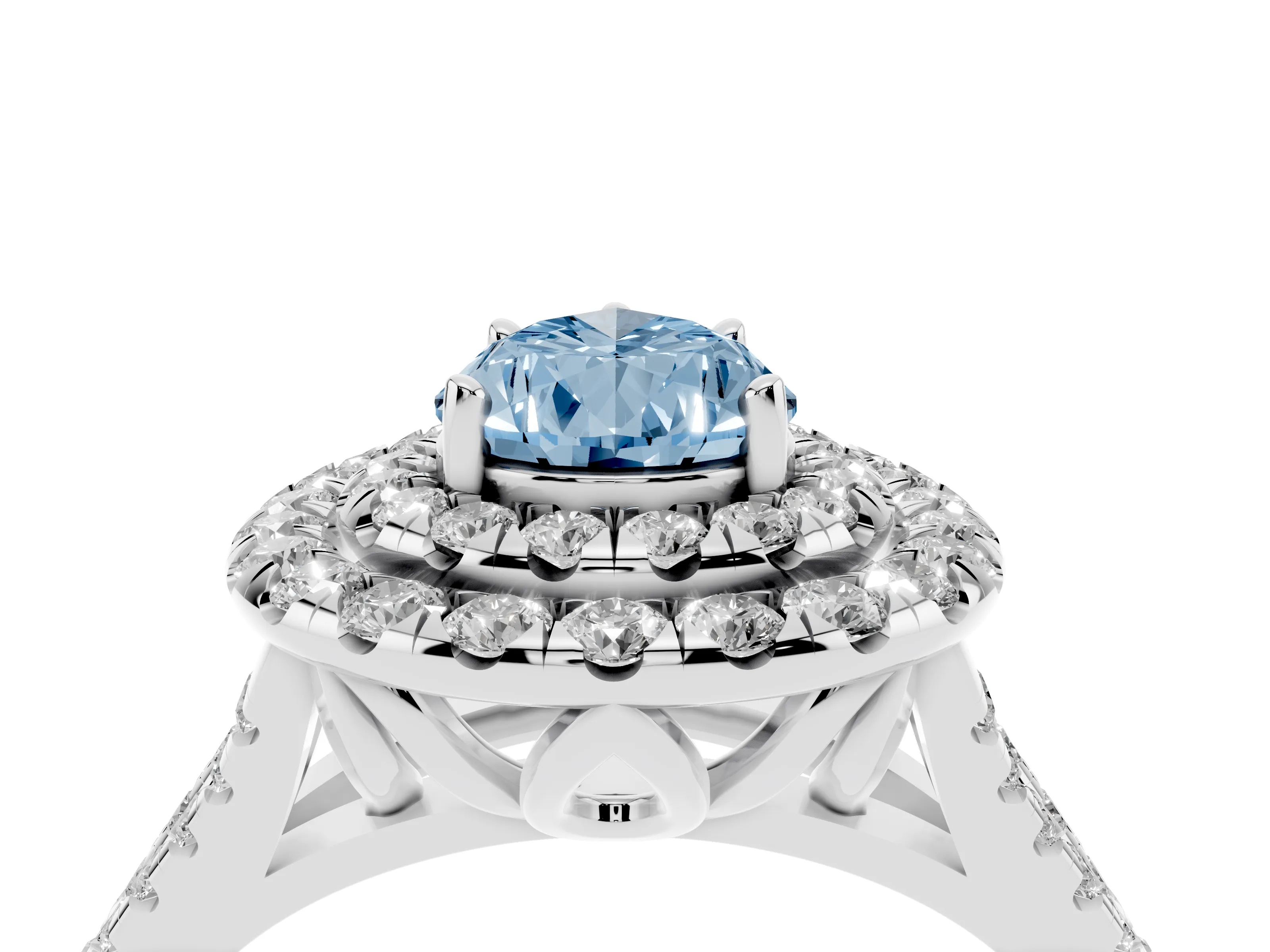 Fancy Blue Pear Cut Diamond Double Halo Ring Set in Silver with Pavé Split Shank and Prong Setting