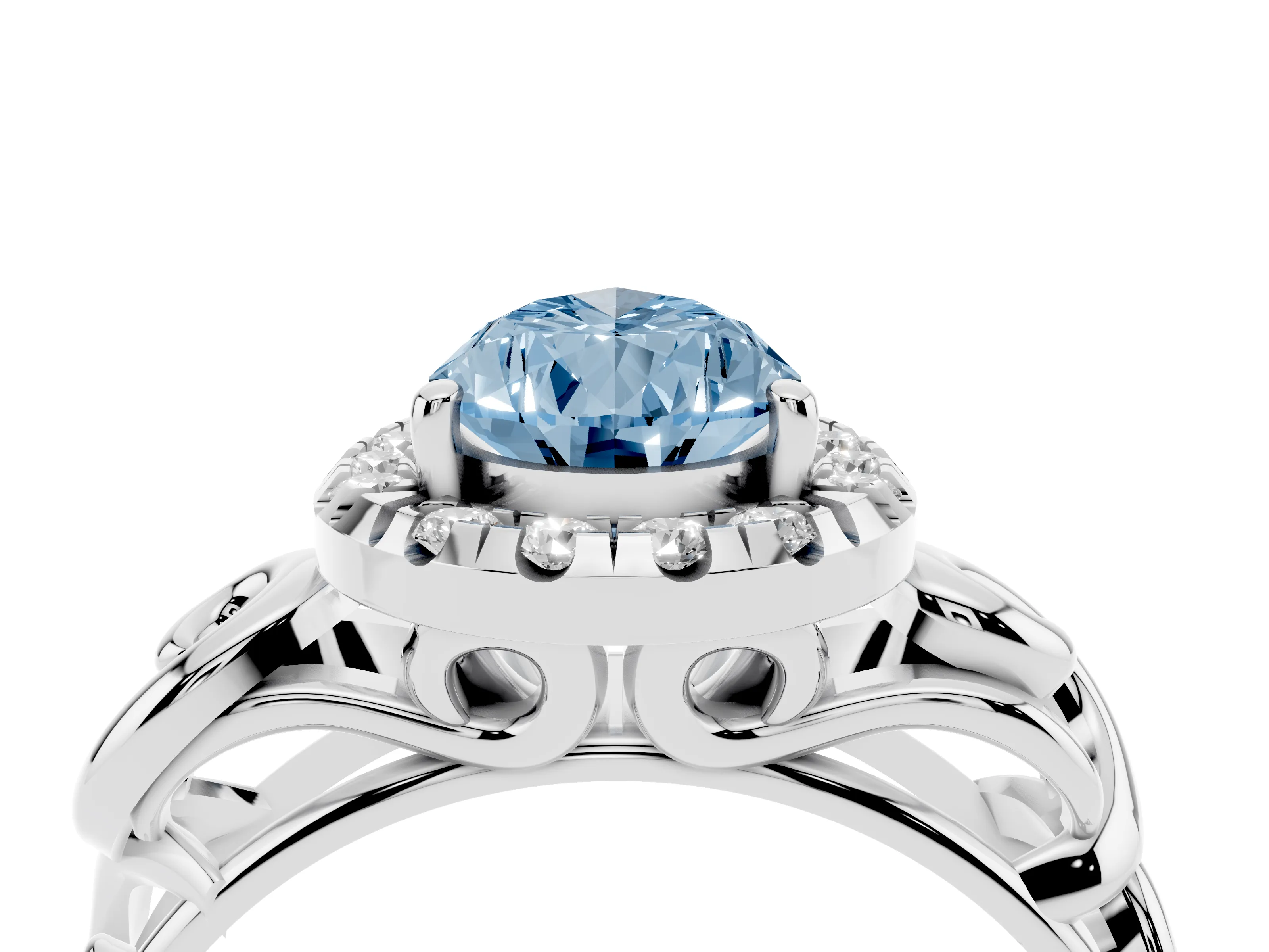 Fancy Blue Pear Cut Diamond Halo Ring Set in Platinum with Scrollwork Band and Prong Setting