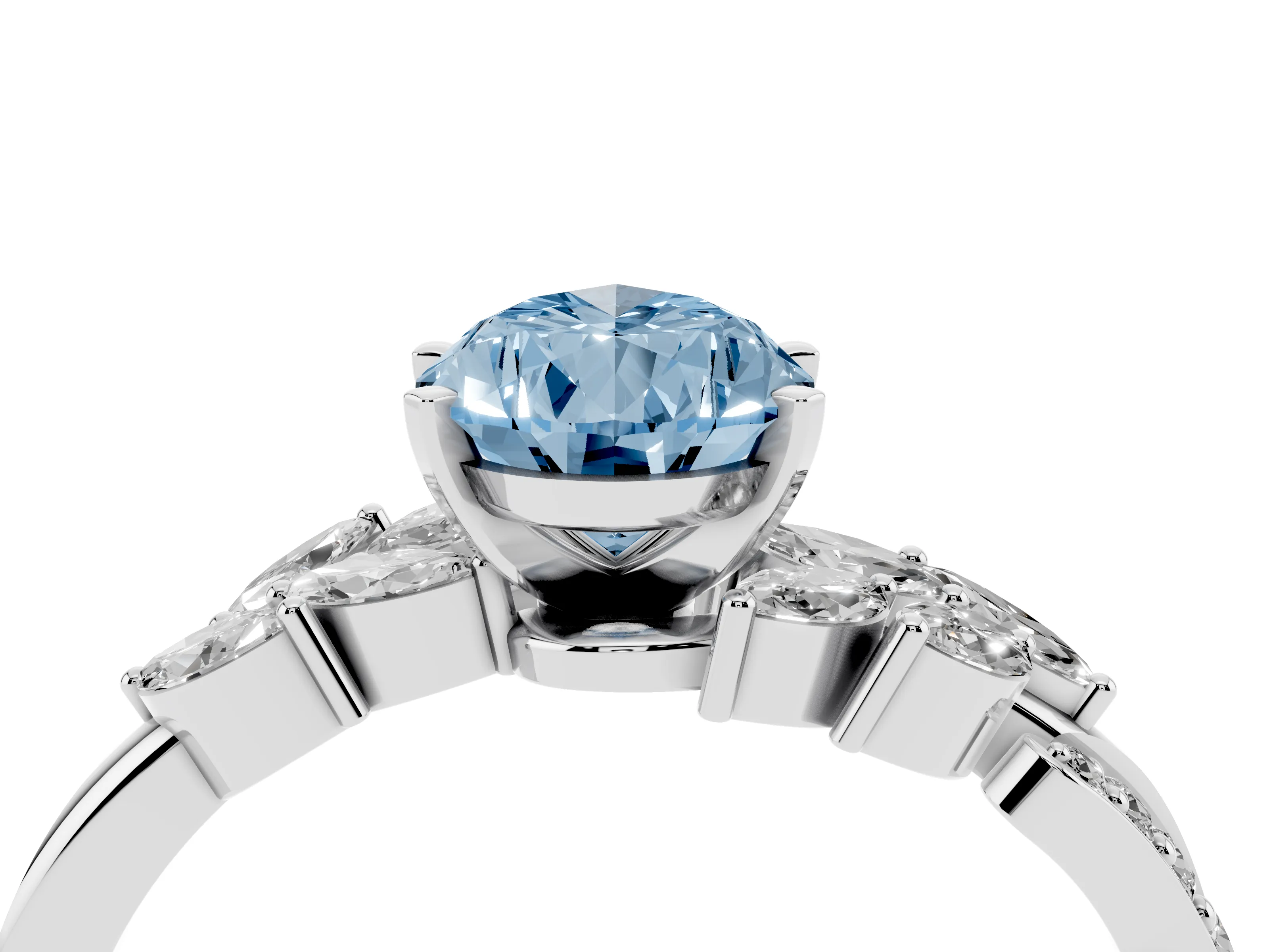 Fancy Blue Pear Cut Diamond Solitaire Ring Set in White gold with Marquise Twist Band and Prong Setting