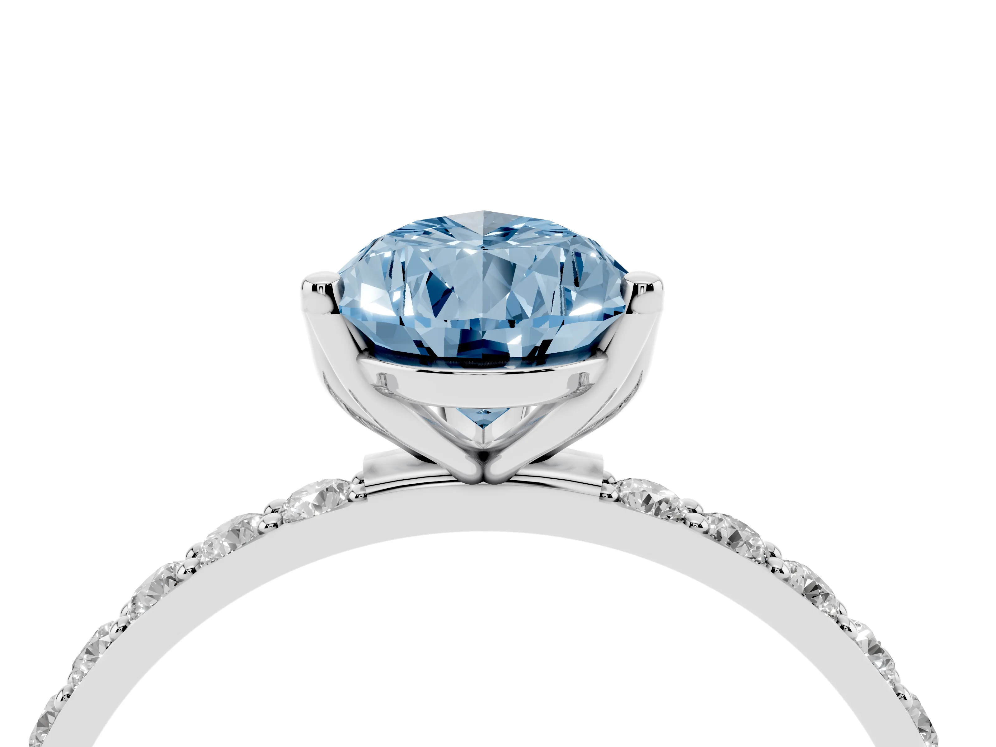 Fancy Blue Pear Cut Diamond Solitaire Engagement Ring Set in Silver with Round Pavé Band and Prong Setting