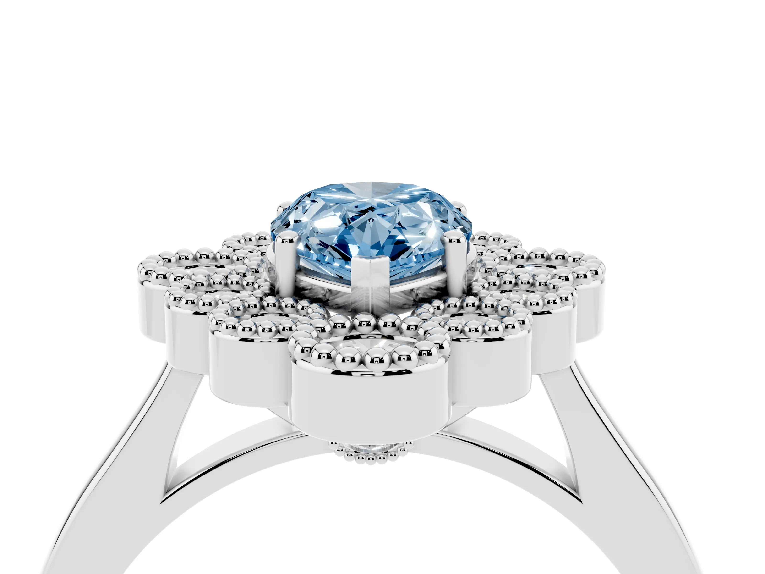 Fancy Blue Pear Cut Diamond Cluster Halo Ring Set in White gold with Milgrain Bezel Accents and Plain Band