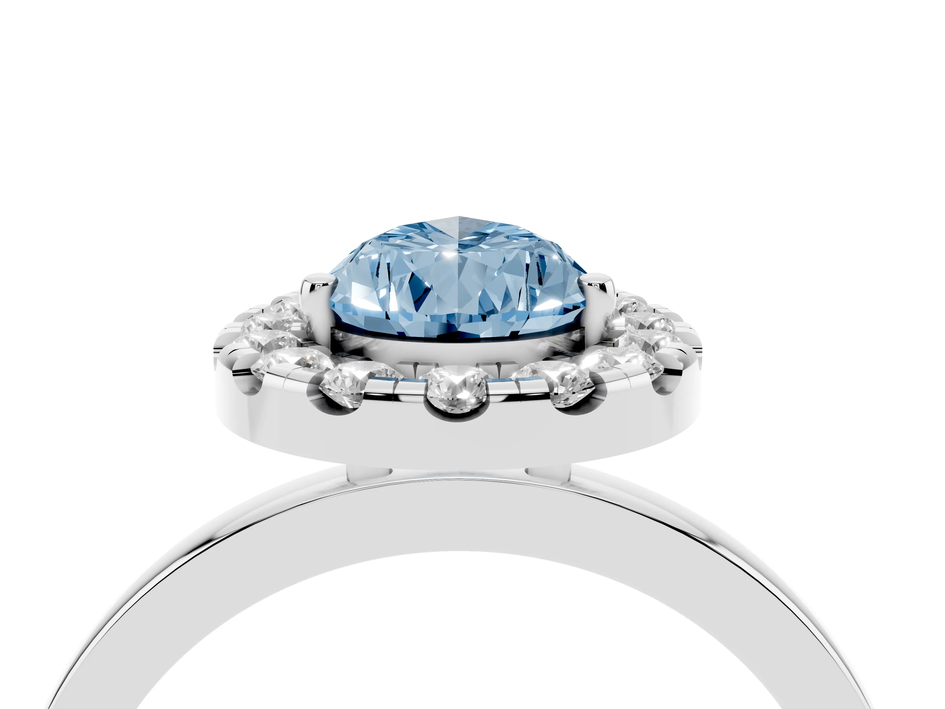 Fancy Blue Pear Cut Diamond Halo Solitaire Ring Set in White gold with Pavé Band and Prong Setting