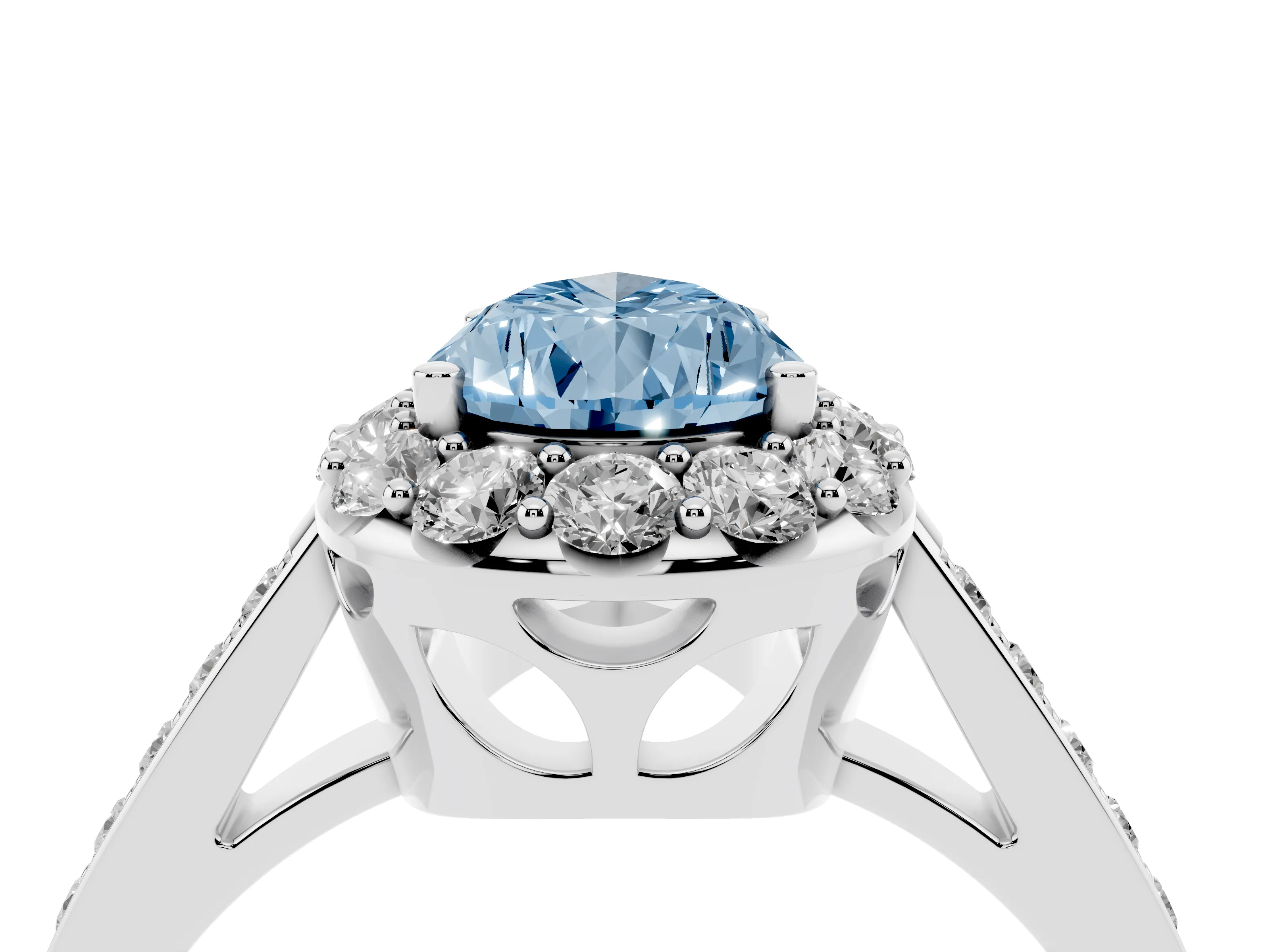 Fancy Blue Pear Cut Diamond Floral Halo Ring Set in White gold with Pavé Band and Prong Setting