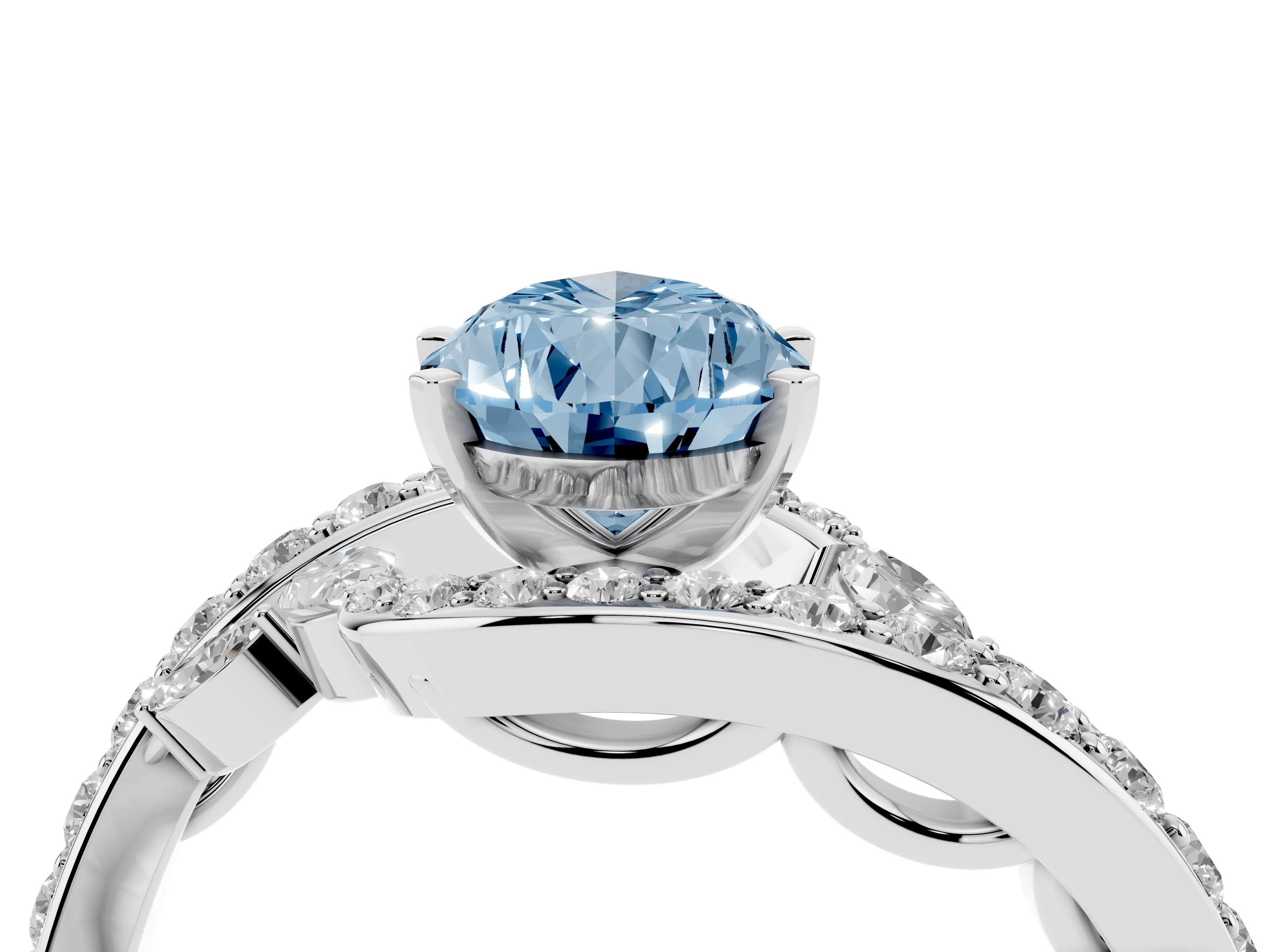 Fancy Blue Pear Cut Diamond Solitaire Ring Set in Platinum with Pavé Twist Band and Secure Prong Setting