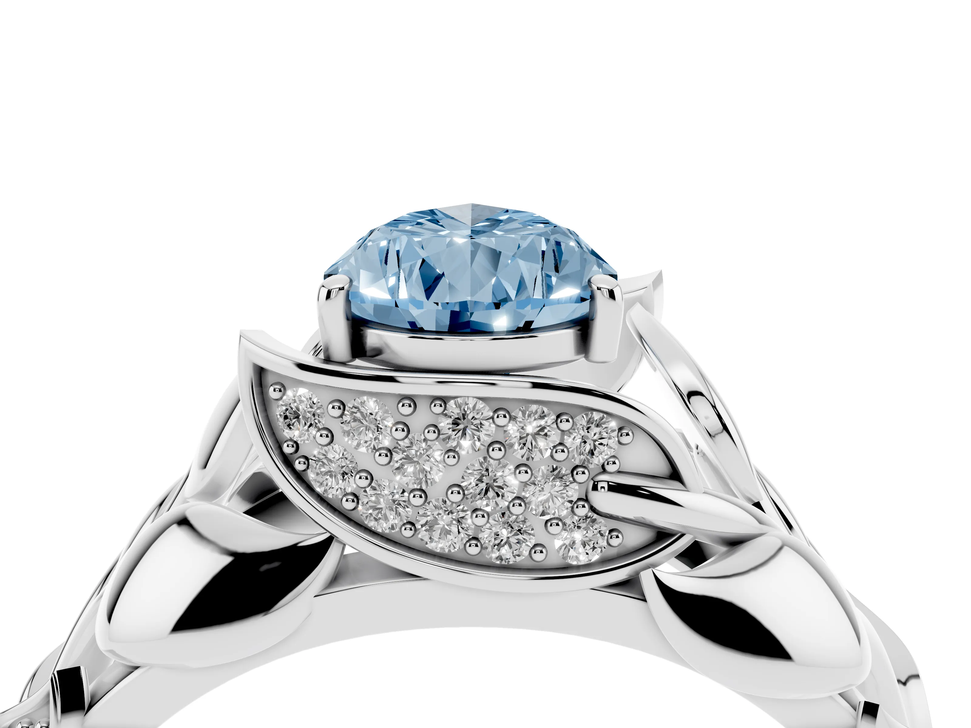 Fancy Blue Pear Cut Diamond Leaf-Inspired Engagement Ring Set in Silver with Round Accents